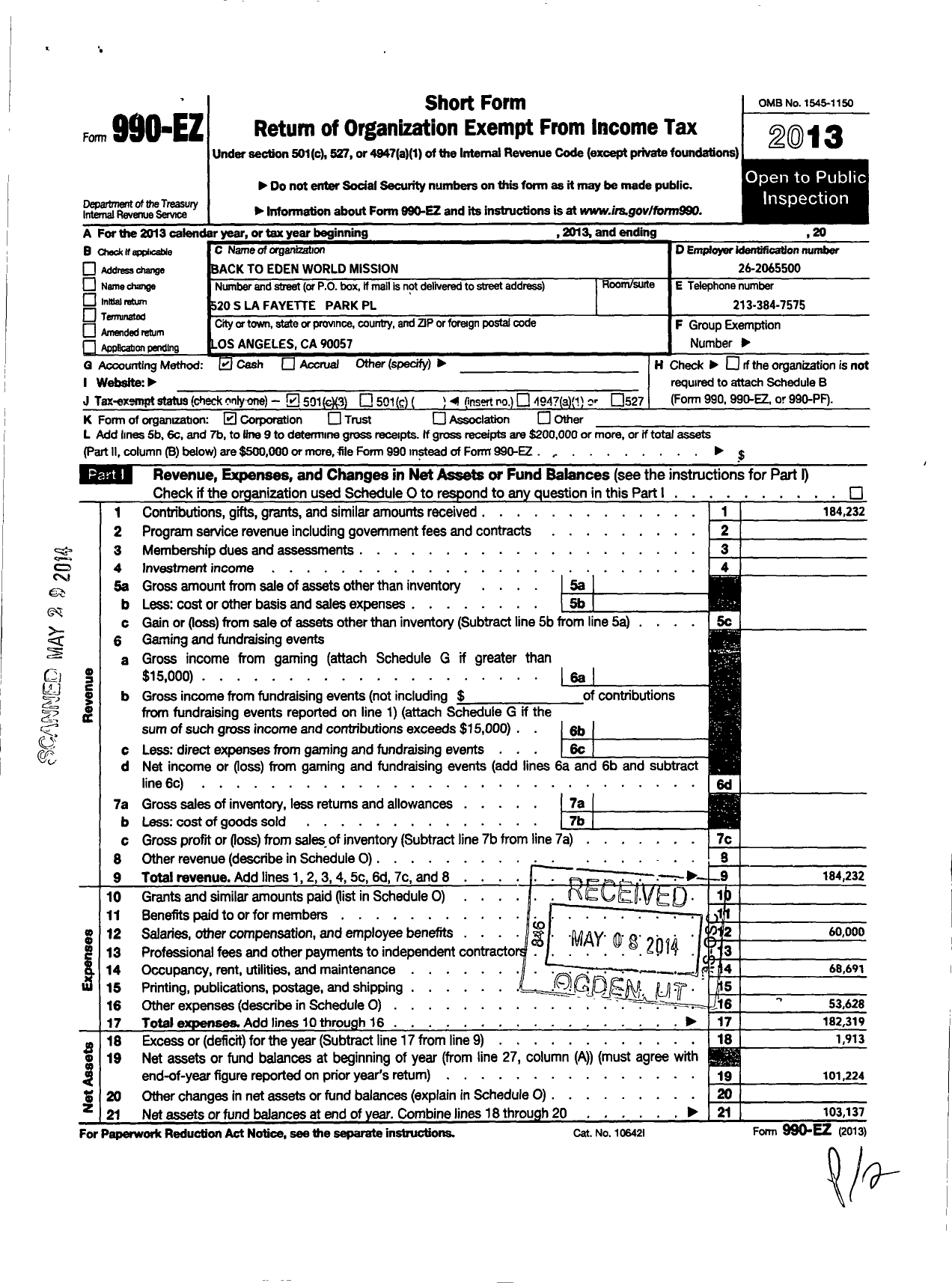 Image of first page of 2013 Form 990EZ for Back To Eden World Mission