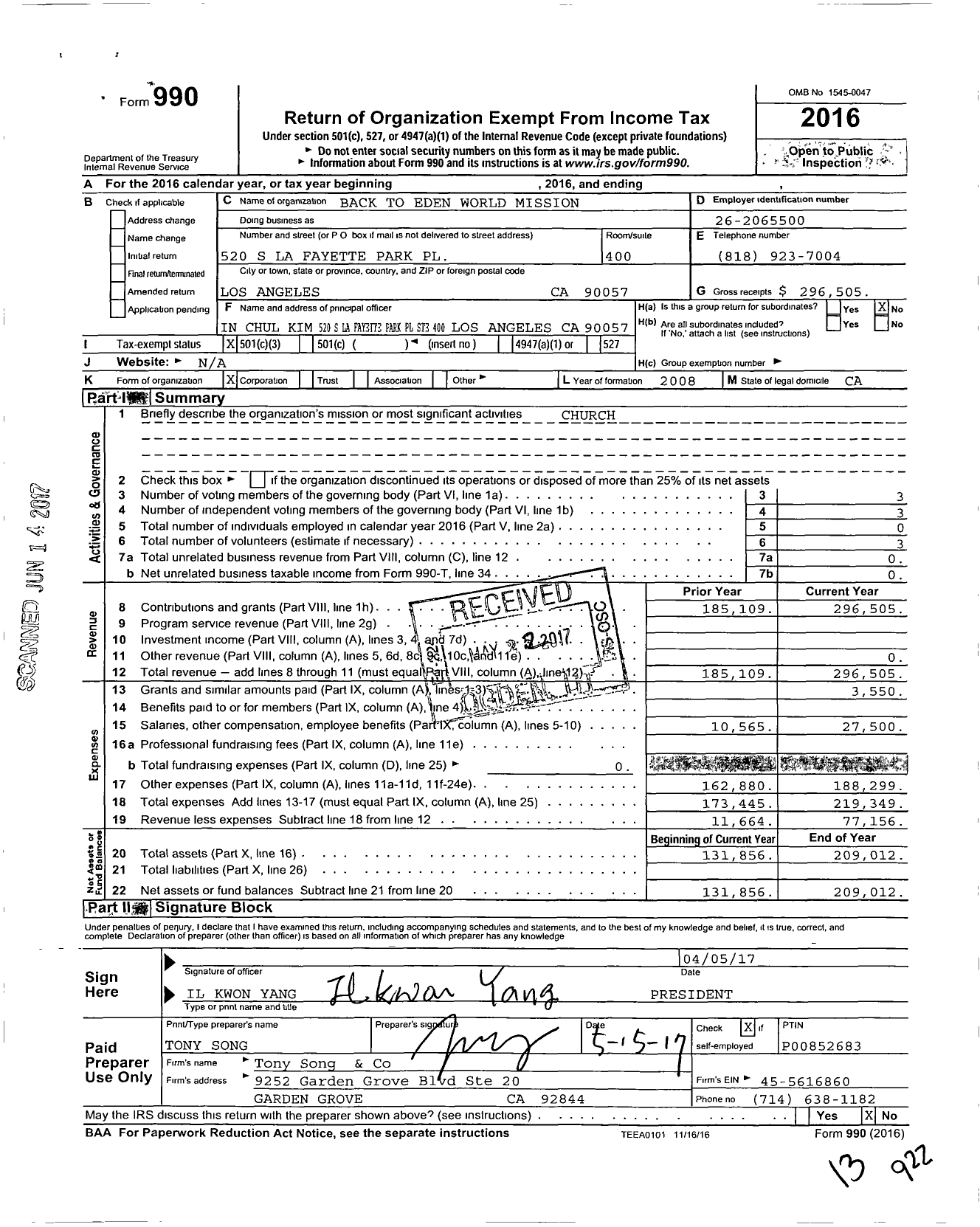 Image of first page of 2016 Form 990 for Back To Eden World Mission