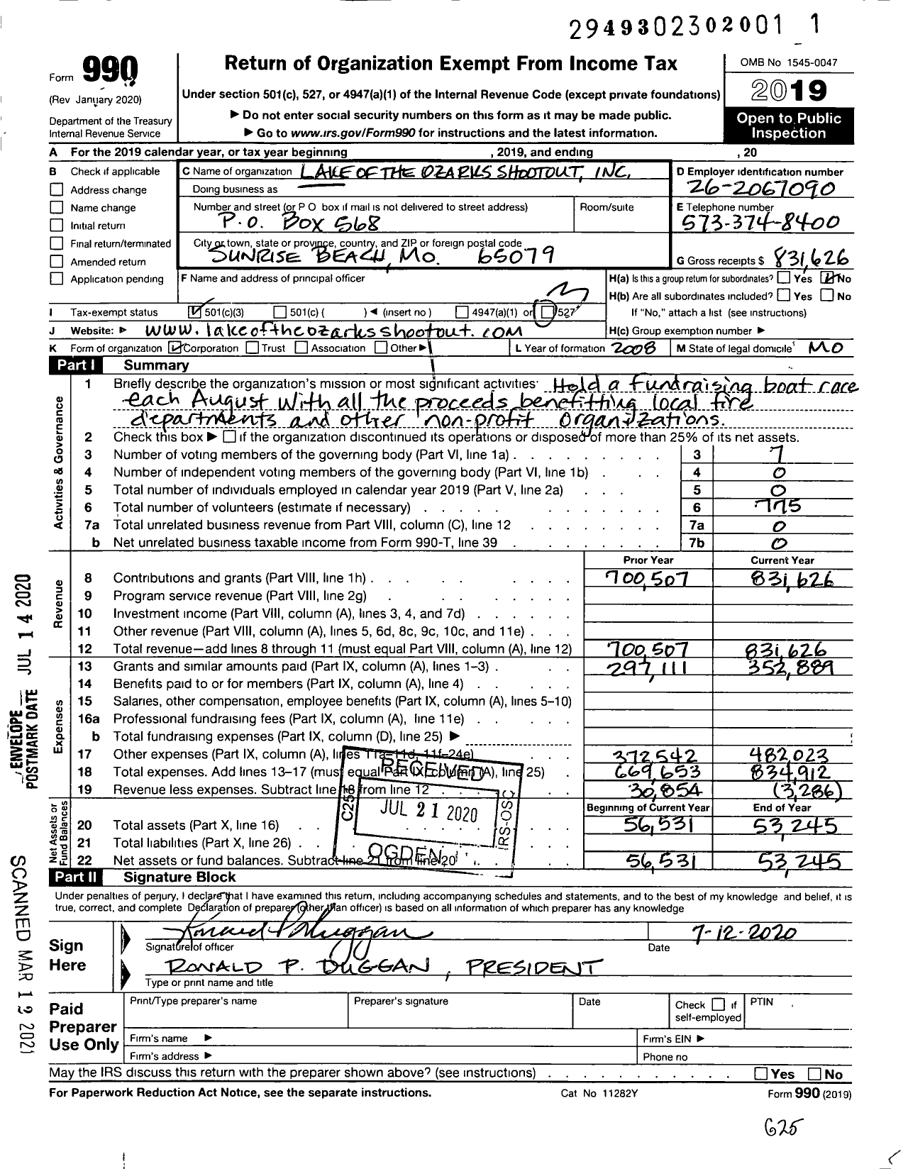 Image of first page of 2019 Form 990 for Lake of the Ozarks Shootout Duggan