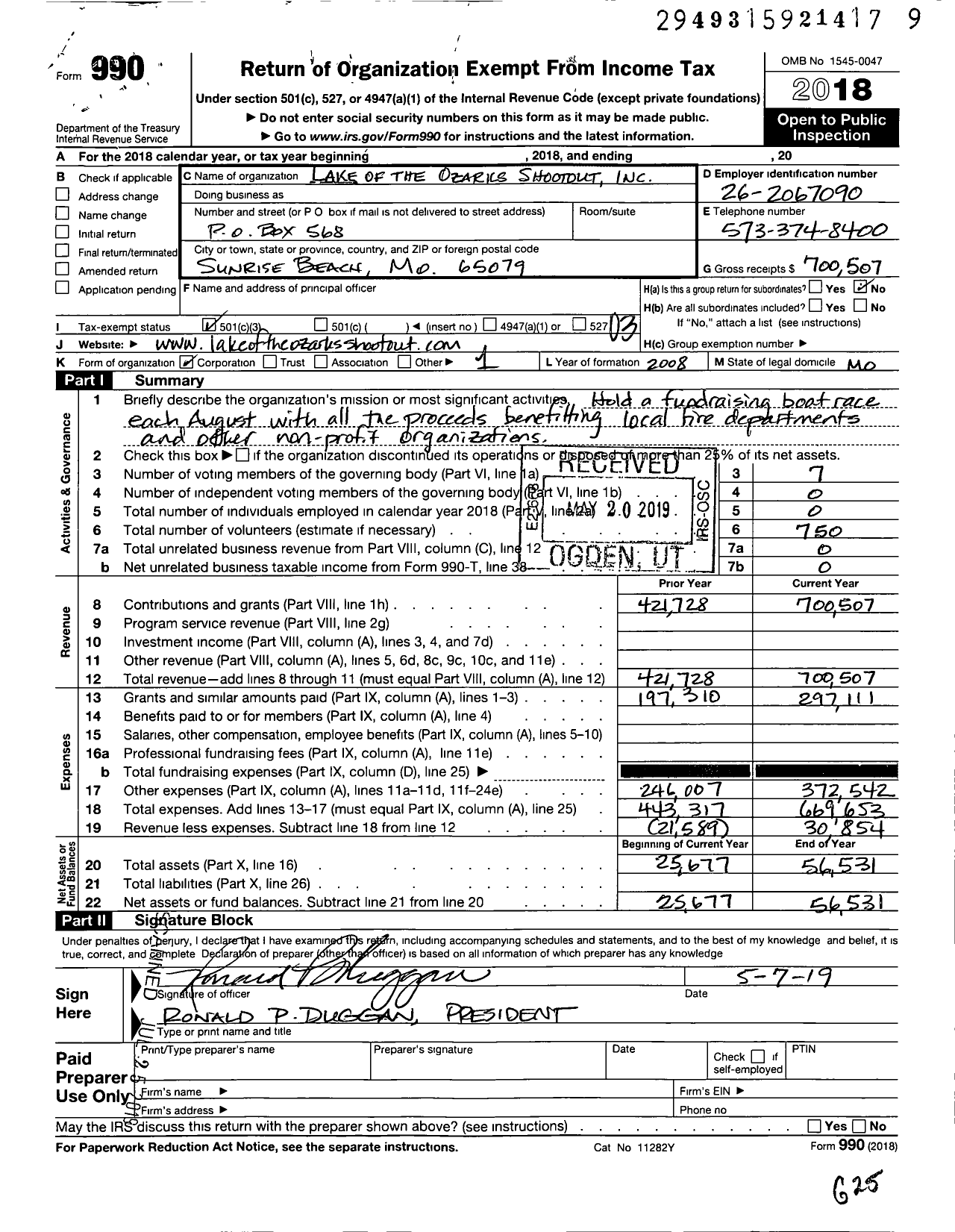 Image of first page of 2018 Form 990 for Lake of the Ozarks Shootout Duggan