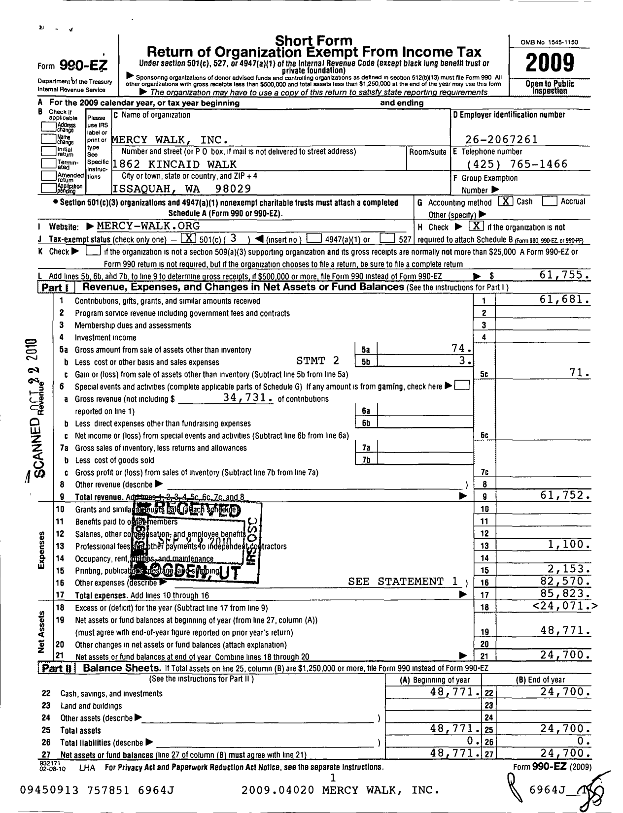 Image of first page of 2009 Form 990EZ for Mercy Walk