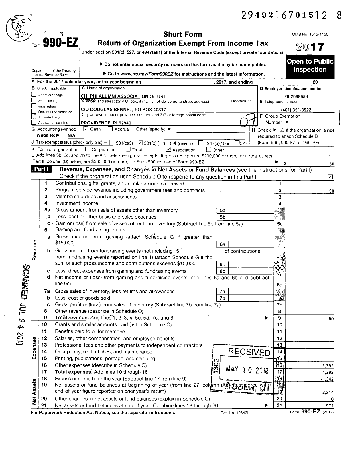 Image of first page of 2017 Form 990EO for Chi Phi Fraternity / Chi Pi Alumni Assoc of Uri