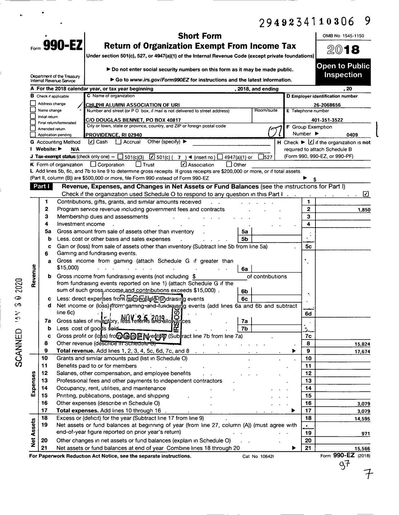 Image of first page of 2018 Form 990EO for Chi Phi Fraternity / Chi Pi Alumni Assoc of Uri