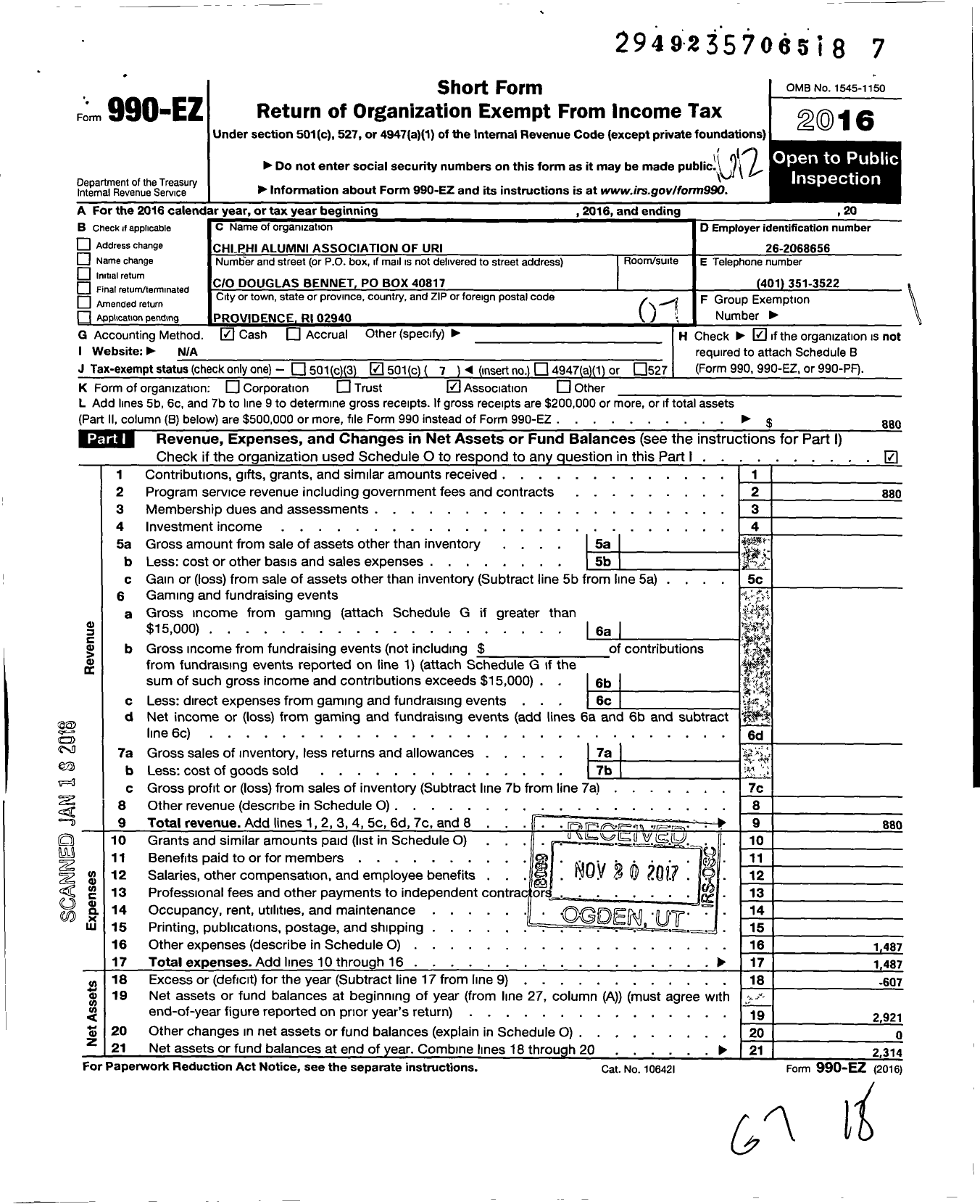 Image of first page of 2016 Form 990EO for Chi Phi Fraternity / Chi Pi Alumni Assoc of Uri