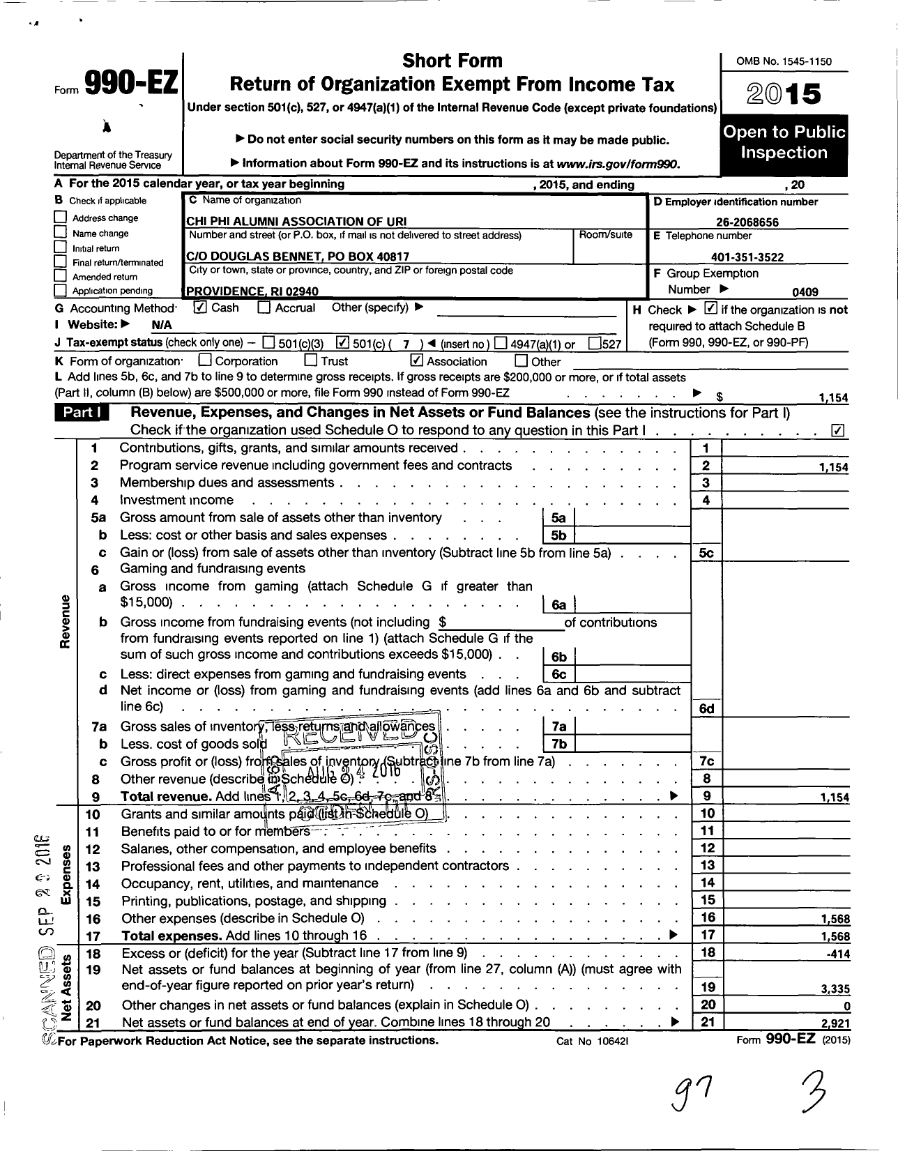 Image of first page of 2015 Form 990EO for Chi Phi Fraternity / Chi Pi Alumni Assoc of Uri