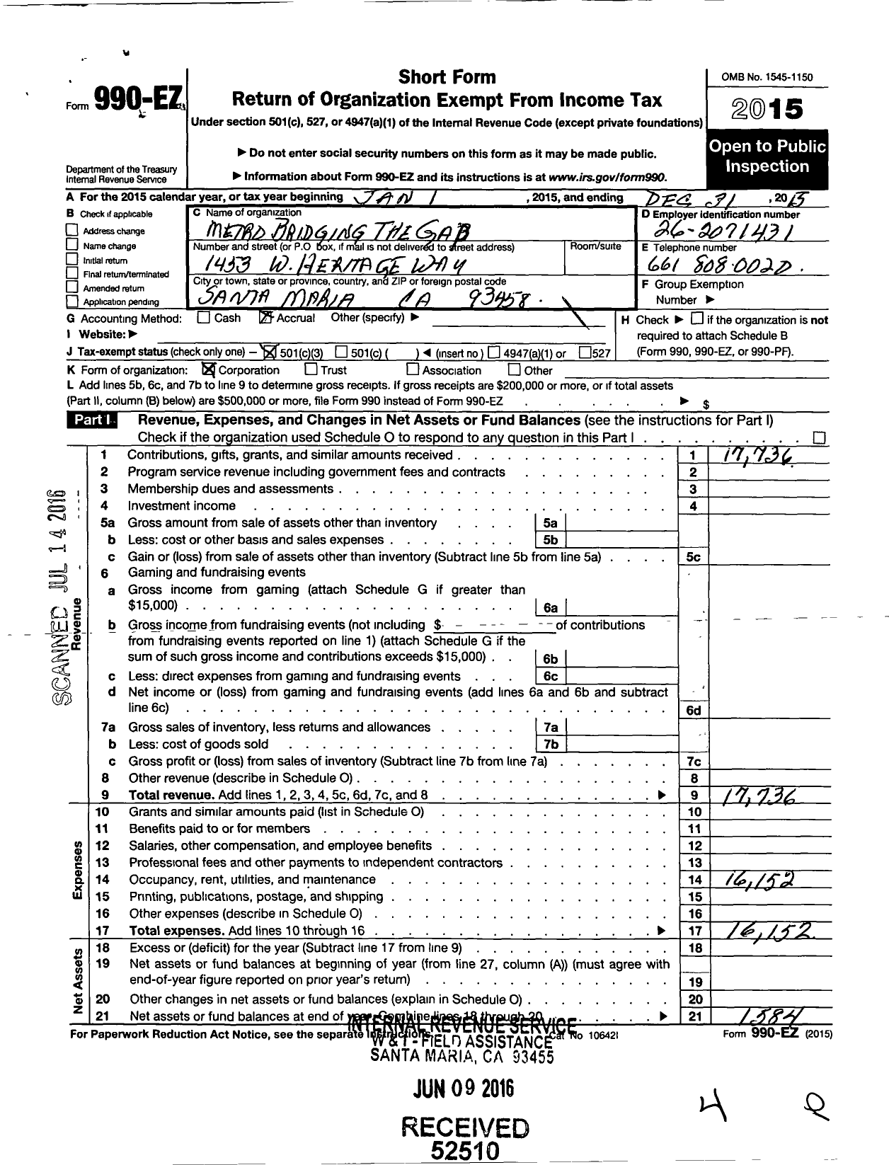 Image of first page of 2015 Form 990EZ for Metro Bridging the Gap