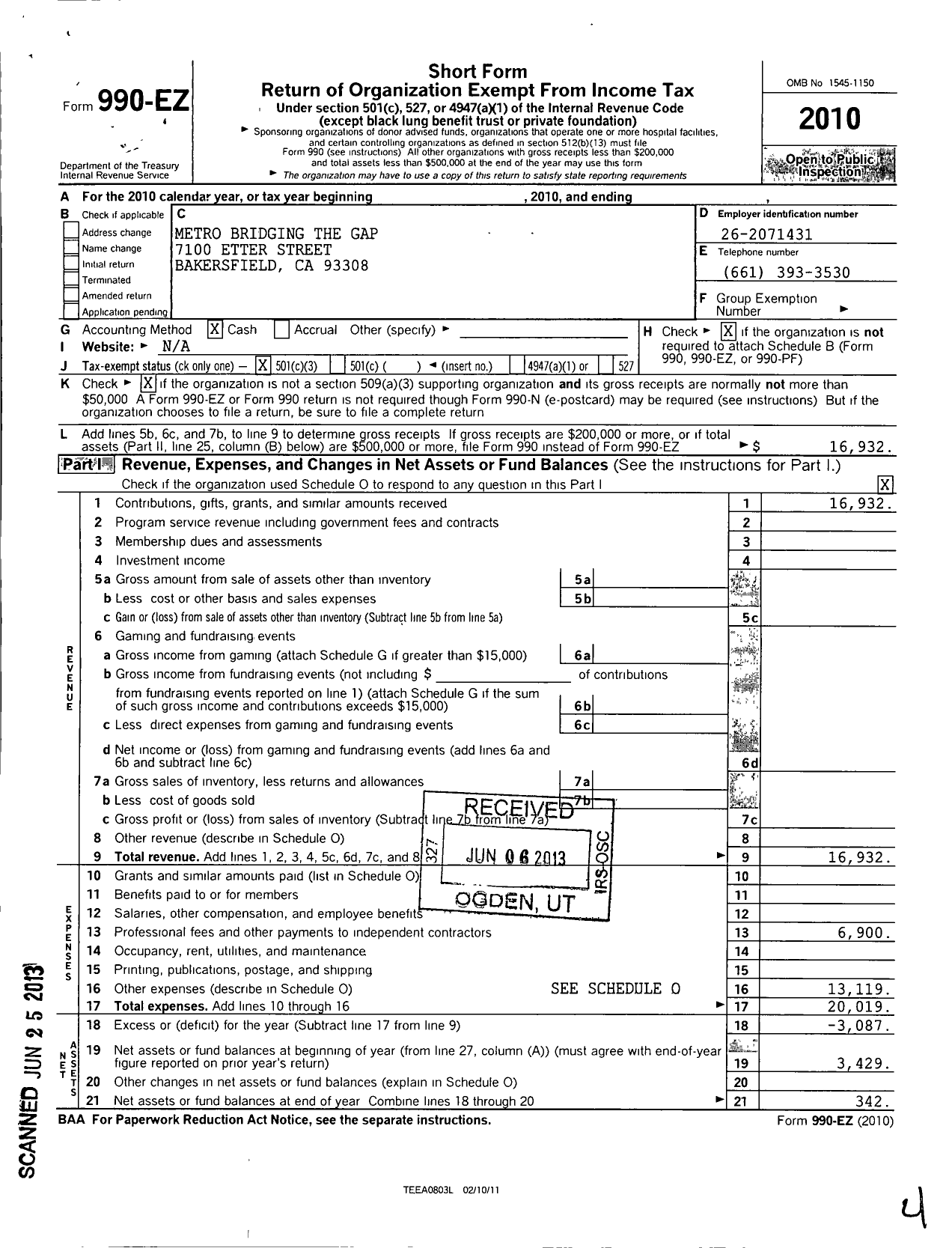 Image of first page of 2010 Form 990EZ for Metro Bridging the Gap