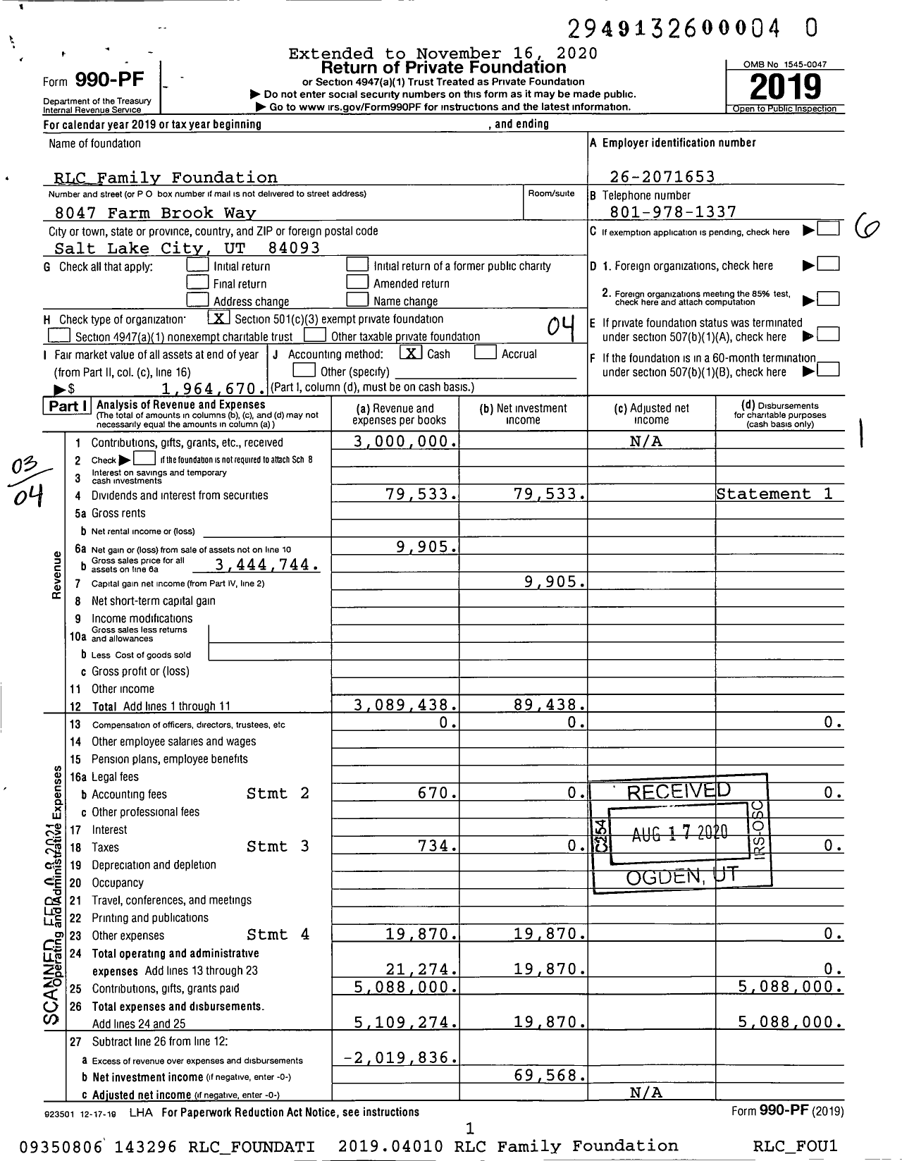 Image of first page of 2019 Form 990PF for RLC Family Foundation