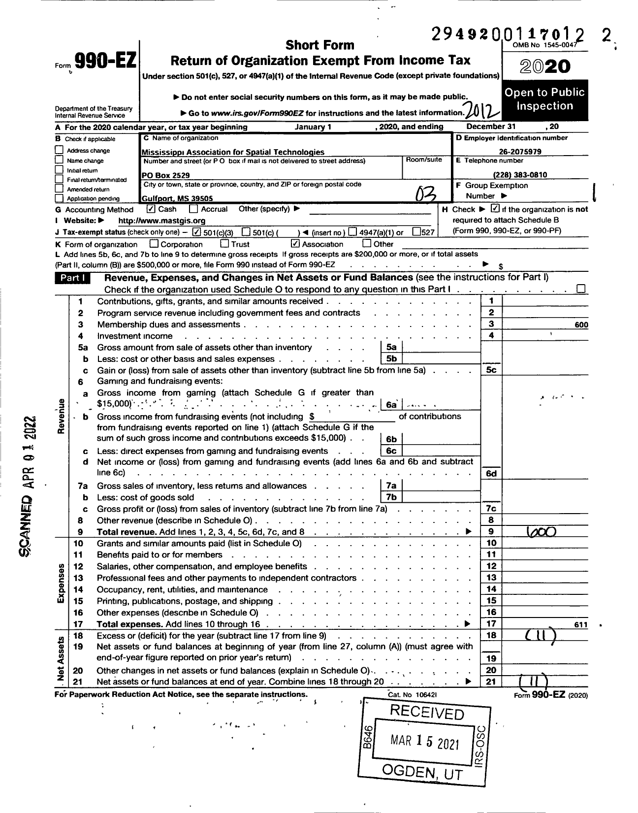 Image of first page of 2020 Form 990EZ for Mississippi Association for Spatial Technologies