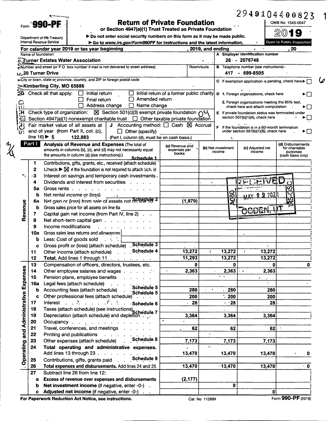 Image of first page of 2019 Form 990PF for Turner Estates Water Association LLC