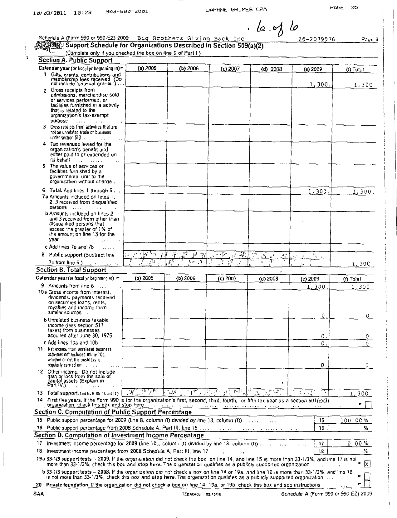 Image of first page of 2009 Form 990ER for Big Brothers Giving Back