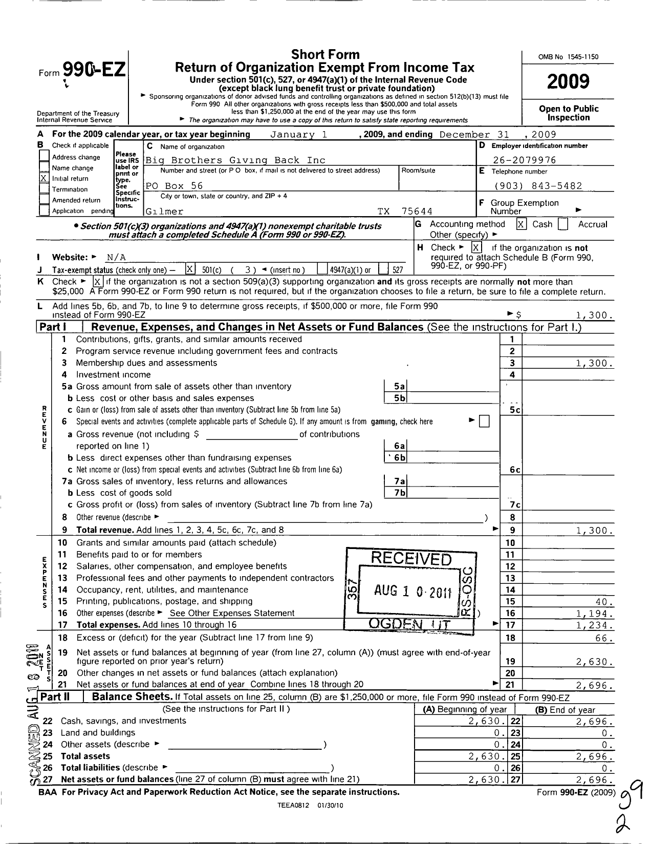 Image of first page of 2009 Form 990EZ for Big Brothers Giving Back