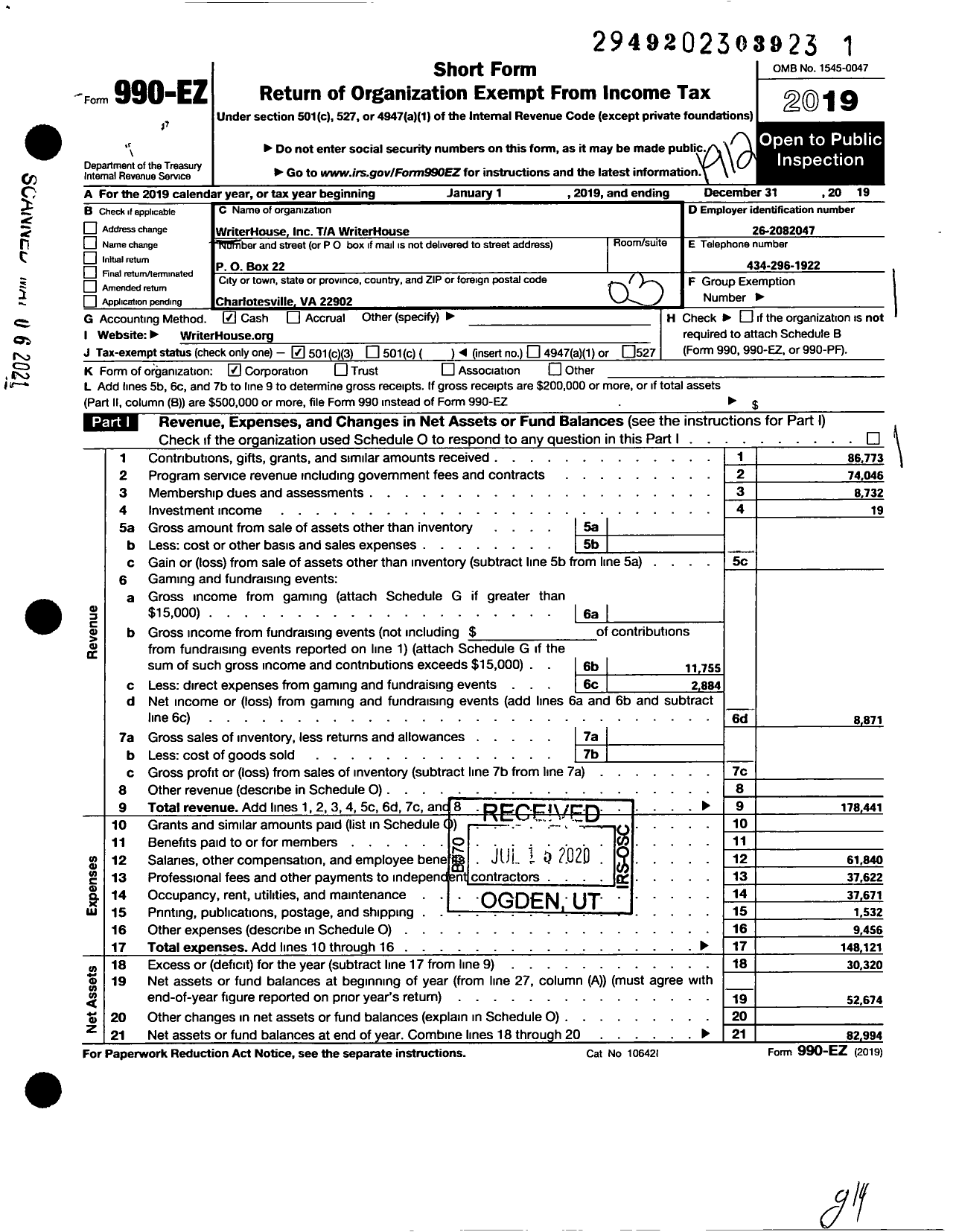 Image of first page of 2019 Form 990EZ for WriterHouse Inc WriterHouse