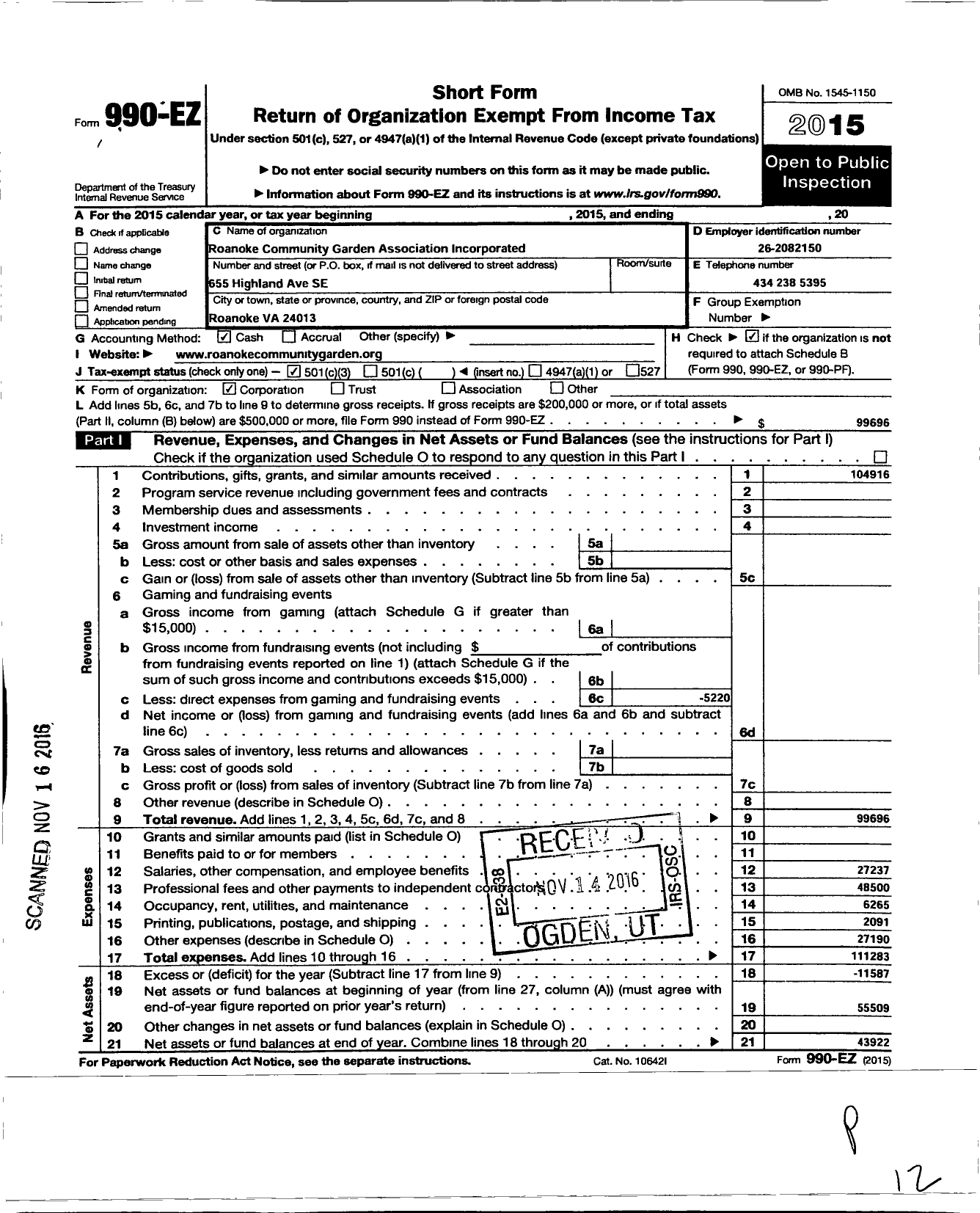 Image of first page of 2015 Form 990EZ for Roanoke Community Gardens Association (RCGA)
