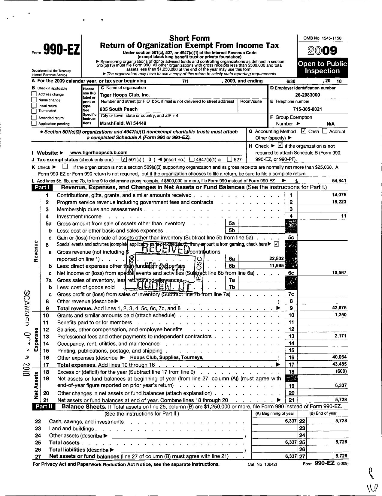 Image of first page of 2009 Form 990EZ for Tiger Hoops Club