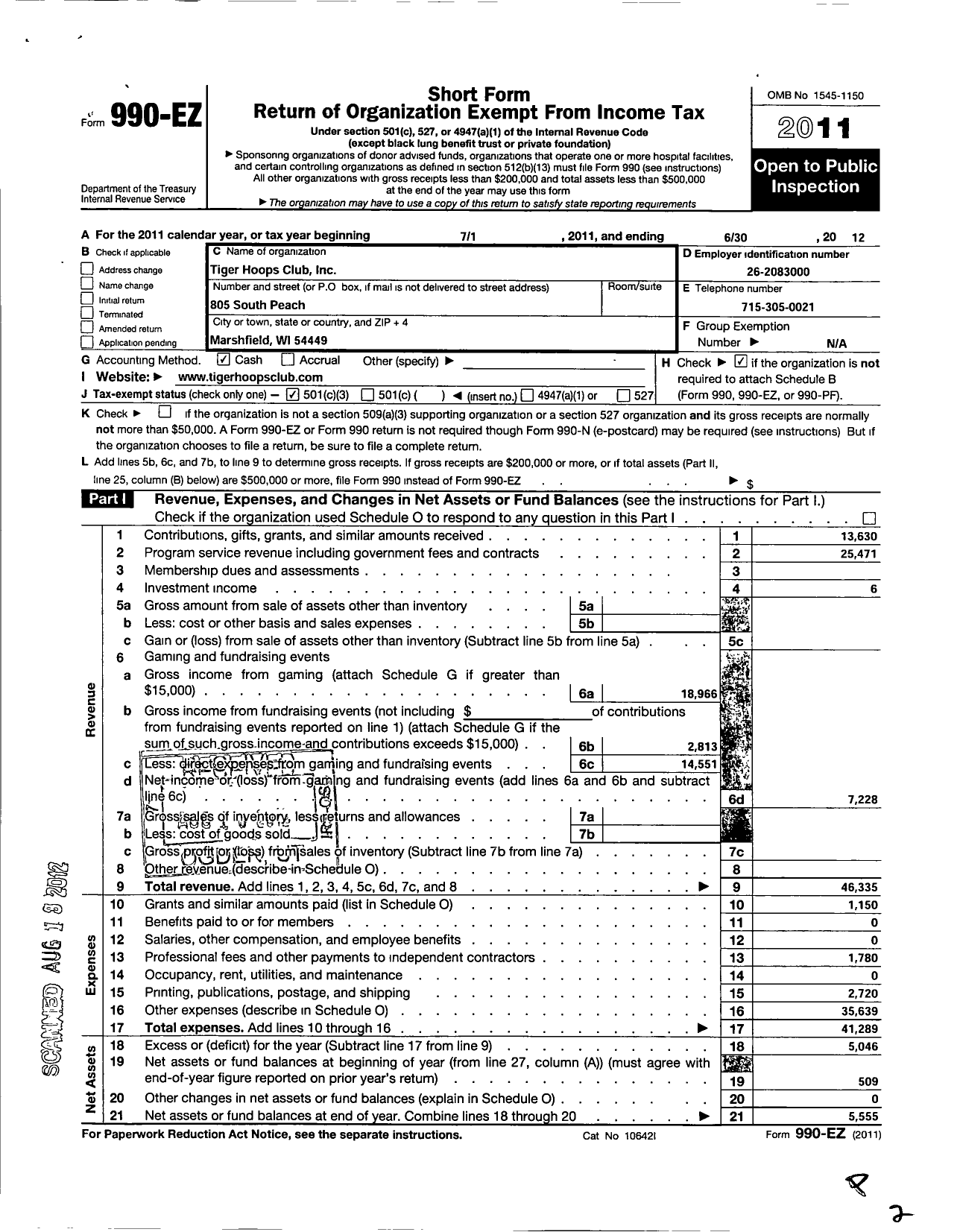 Image of first page of 2011 Form 990EZ for Tiger Hoops Club