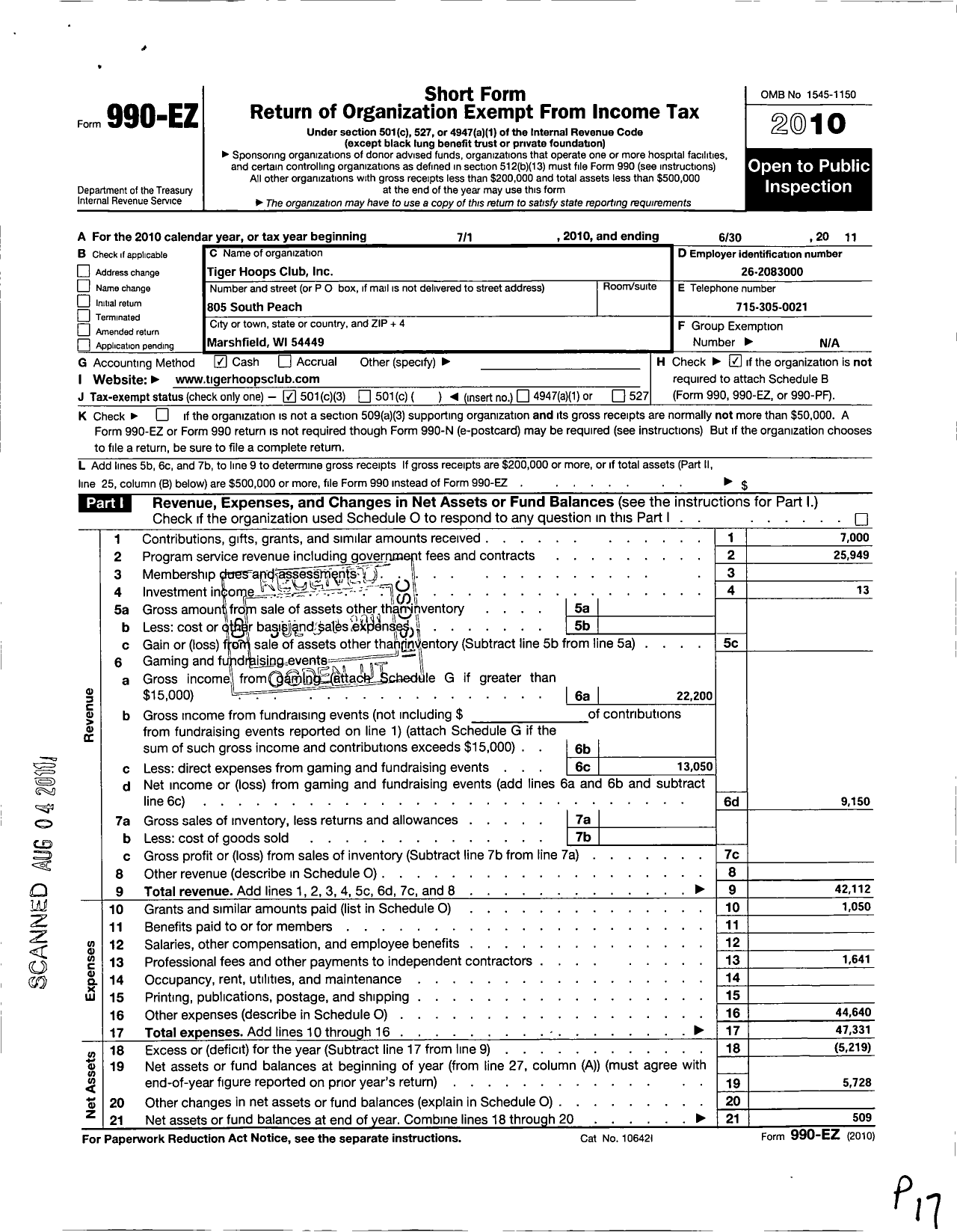 Image of first page of 2010 Form 990EZ for Tiger Hoops Club