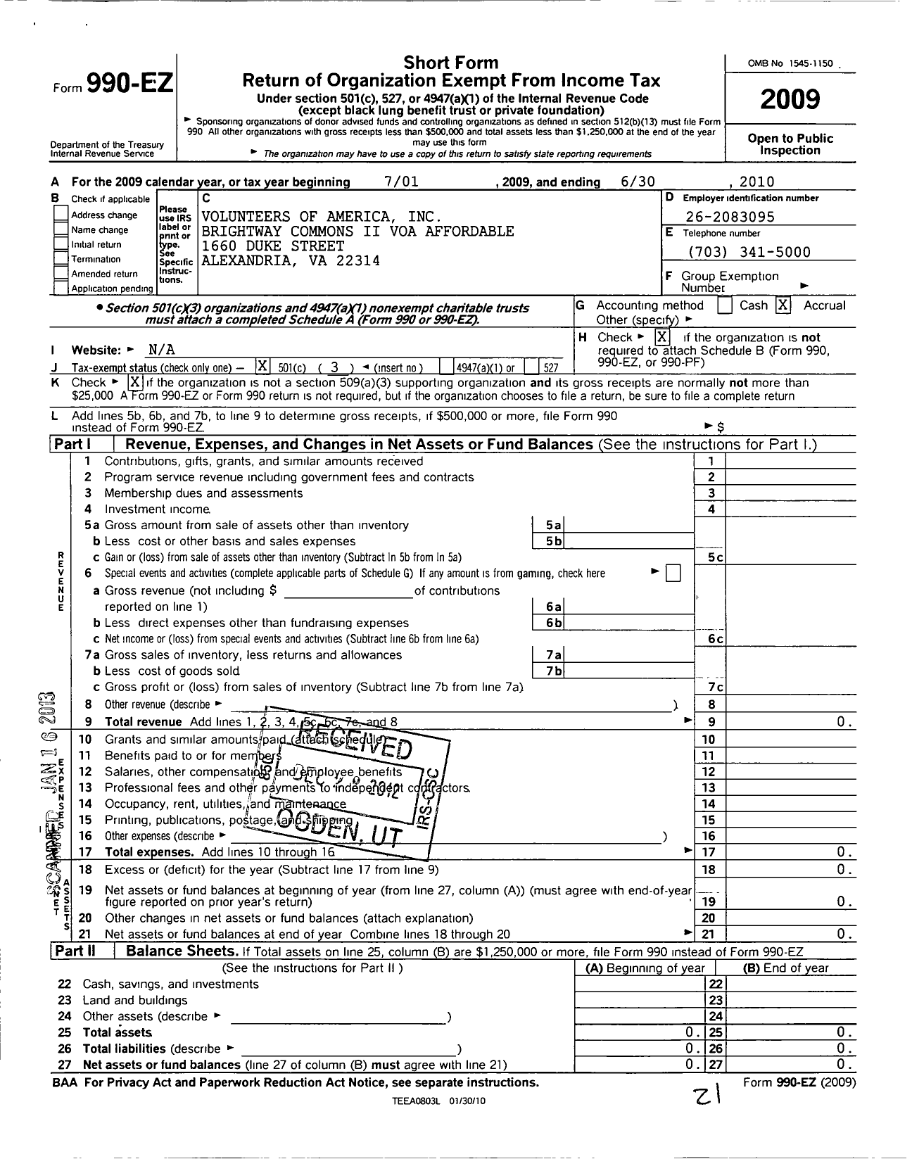 Image of first page of 2009 Form 990EZ for Volunteers of America - Brightway Commons Ii VOA Affordable