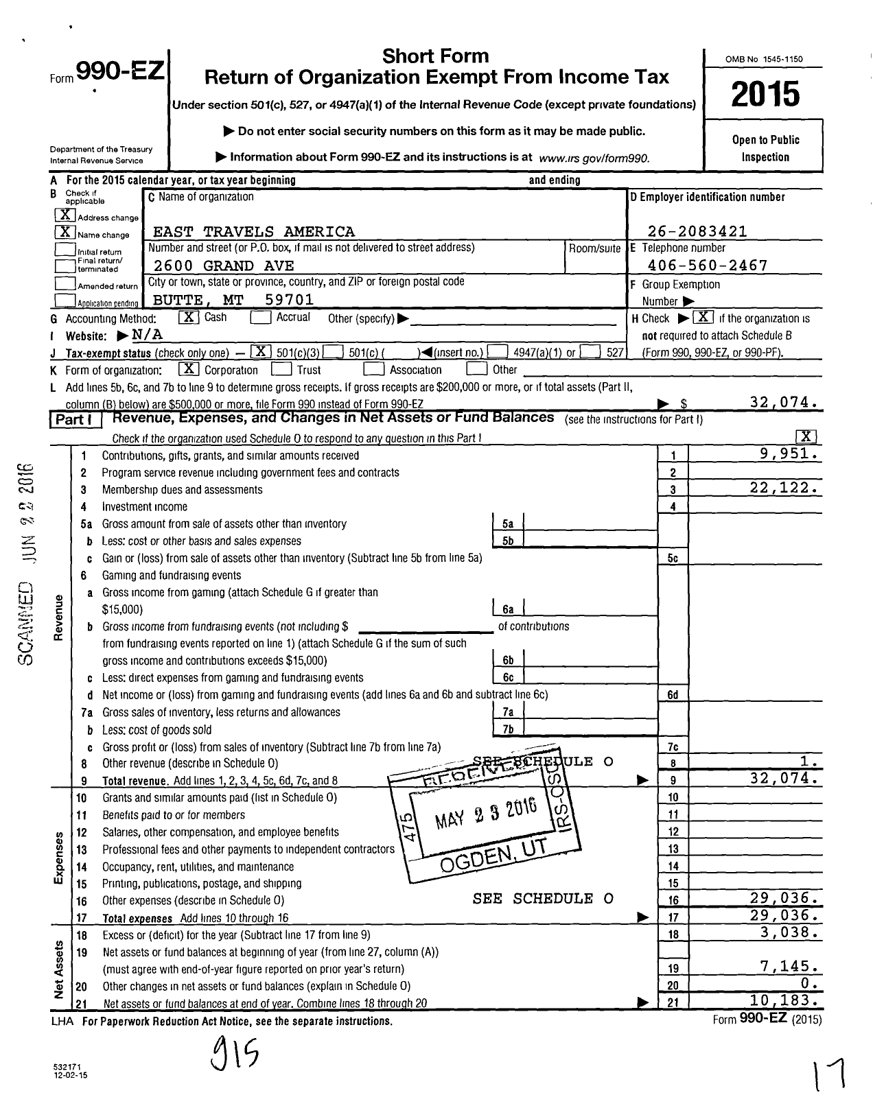 Image of first page of 2015 Form 990EZ for East Travels America (ETA)