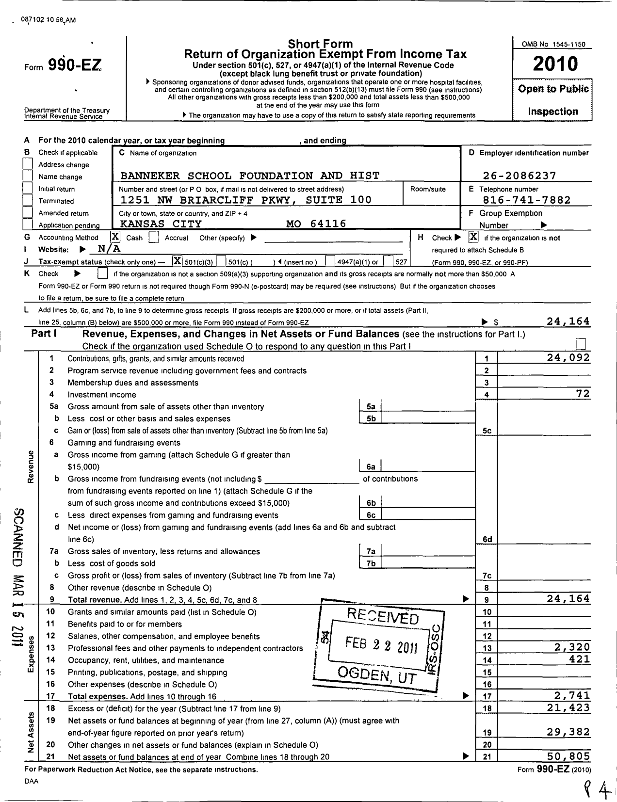 Image of first page of 2010 Form 990EZ for Banneker School Foundation and Historic Site Parkville Mo