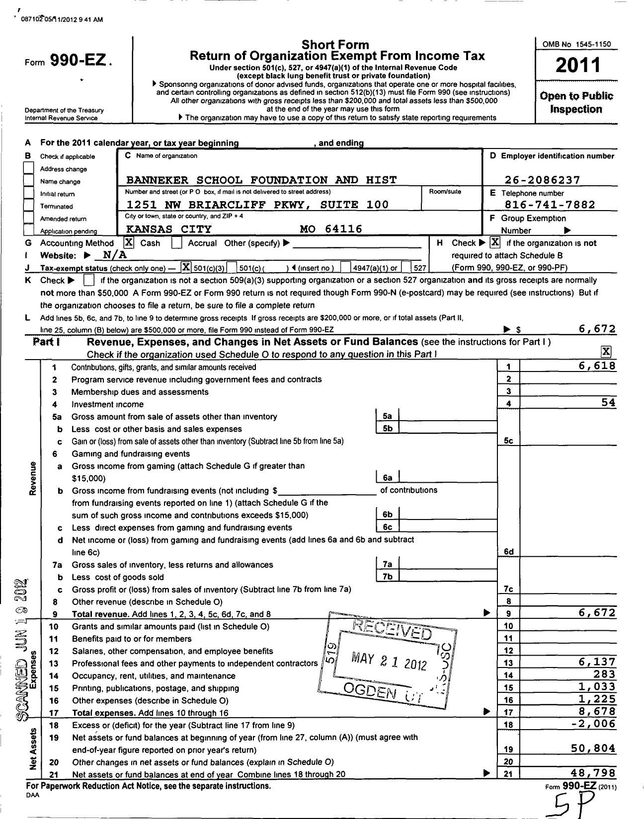 Image of first page of 2011 Form 990EZ for Banneker School Foundation and Historic Site Parkville Mo