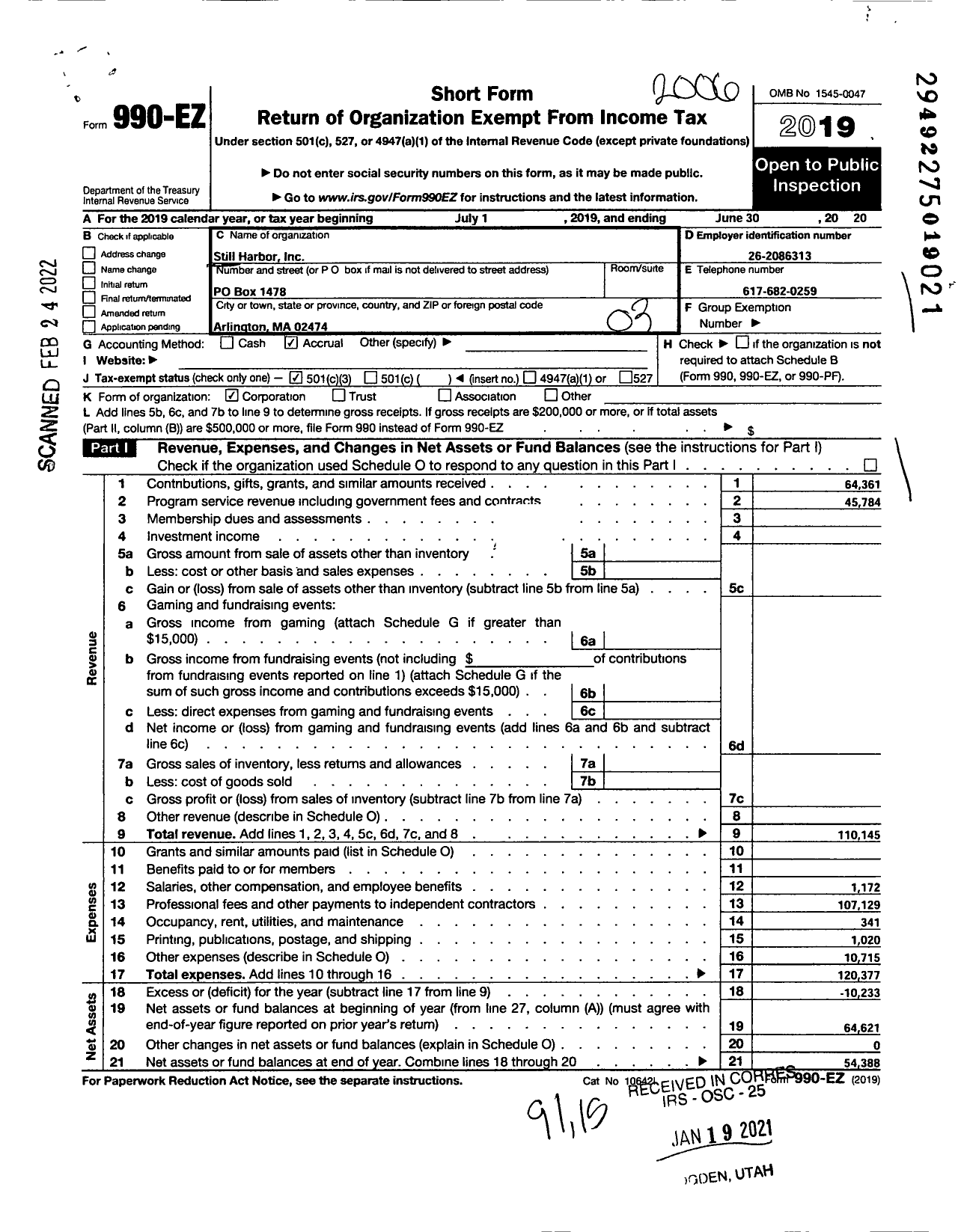 Image of first page of 2019 Form 990EZ for Still Harbor