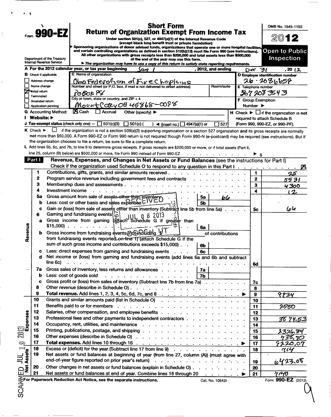 Image of first page of 2012 Form 990EO for Ohio Federation of Fire Chaplains (OFFC)