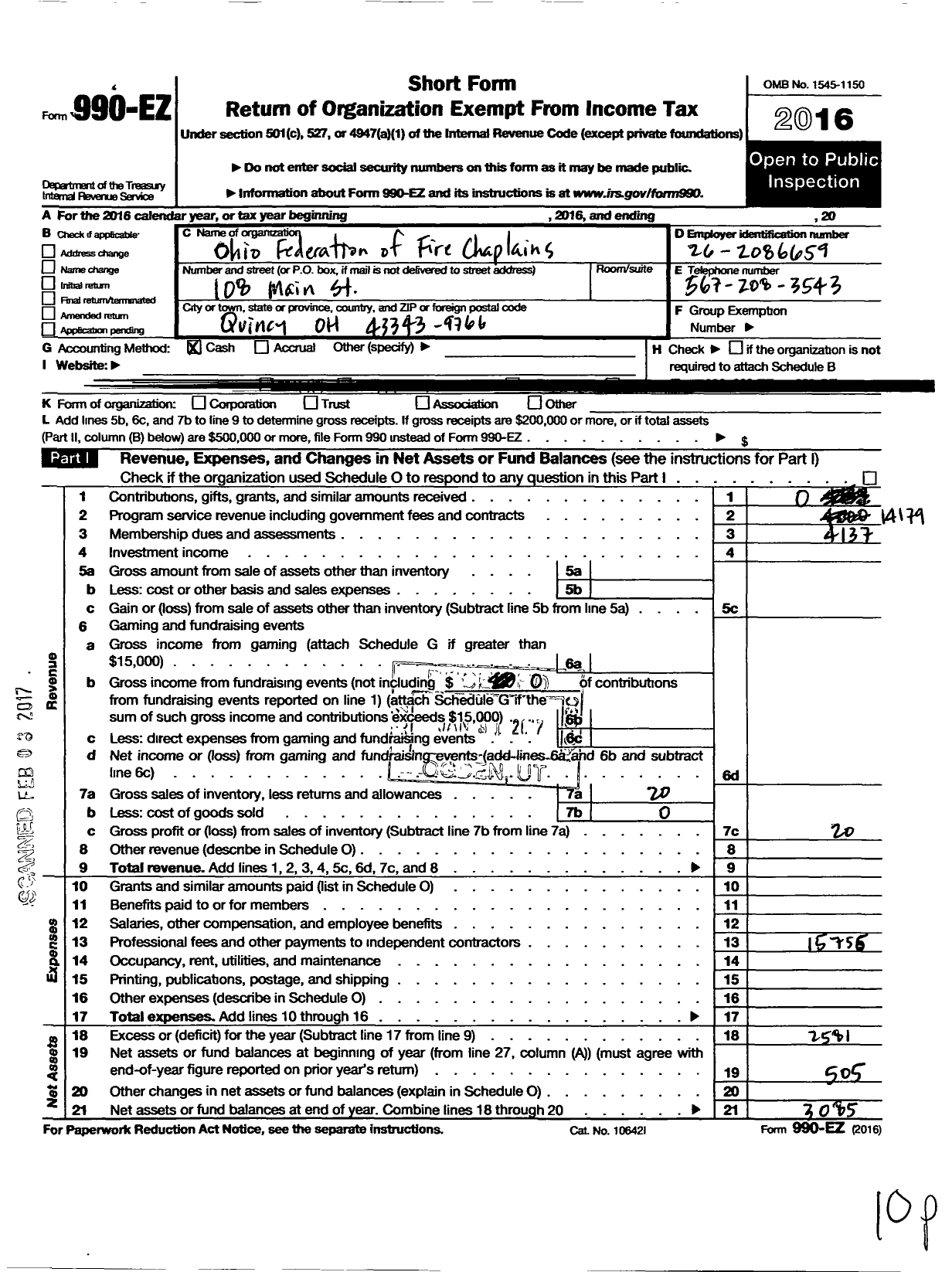 Image of first page of 2016 Form 990EO for Ohio Federation of Fire Chaplains (OFFC)