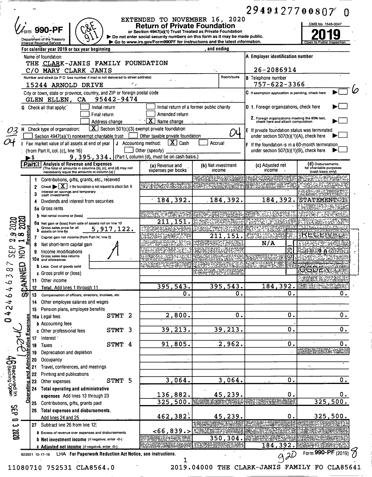 Image of first page of 2019 Form 990PF for The Clark-Janis Family Foundation