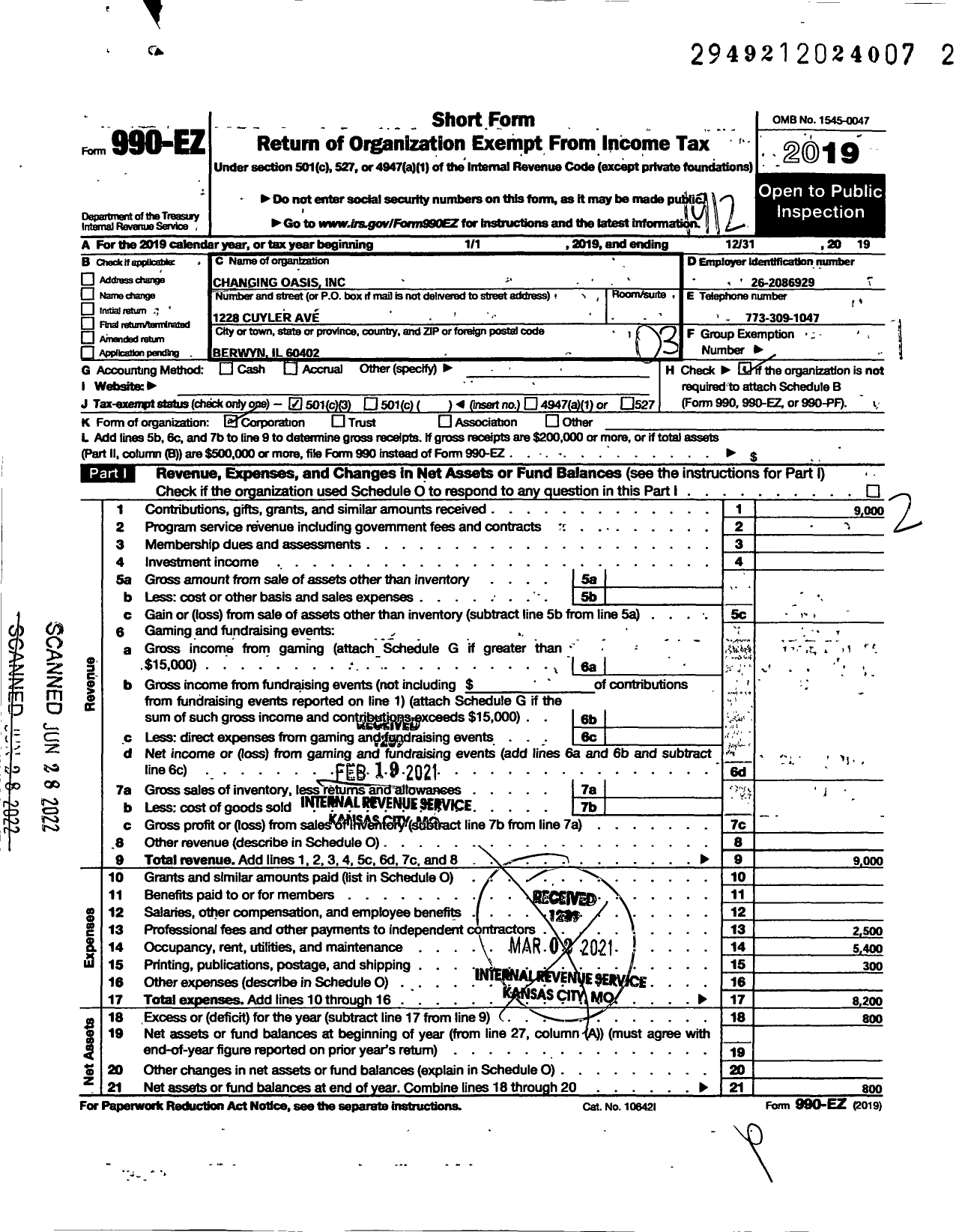 Image of first page of 2019 Form 990EZ for Changing Oasis