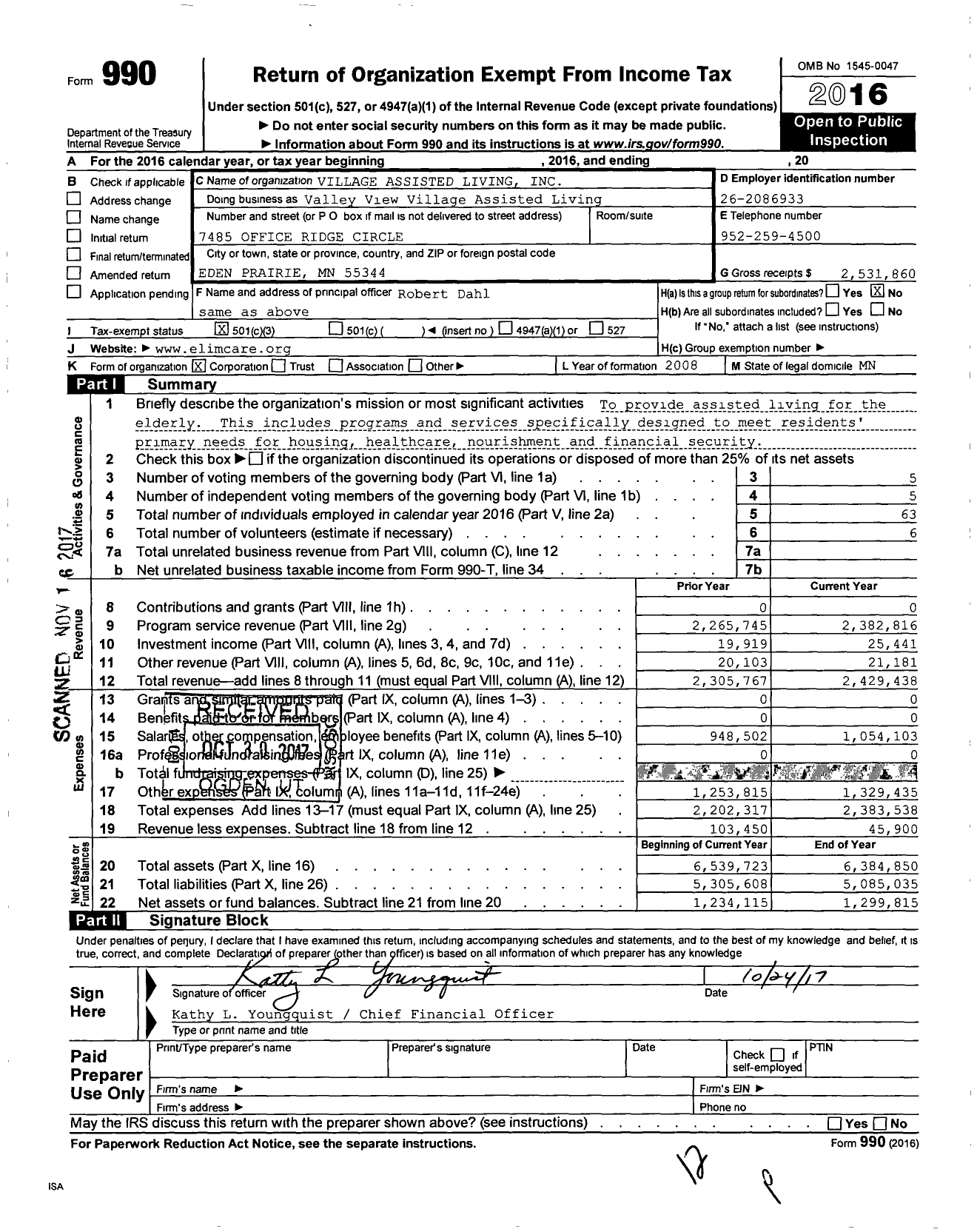 Image of first page of 2016 Form 990 for Valley View Village Assisted Living
