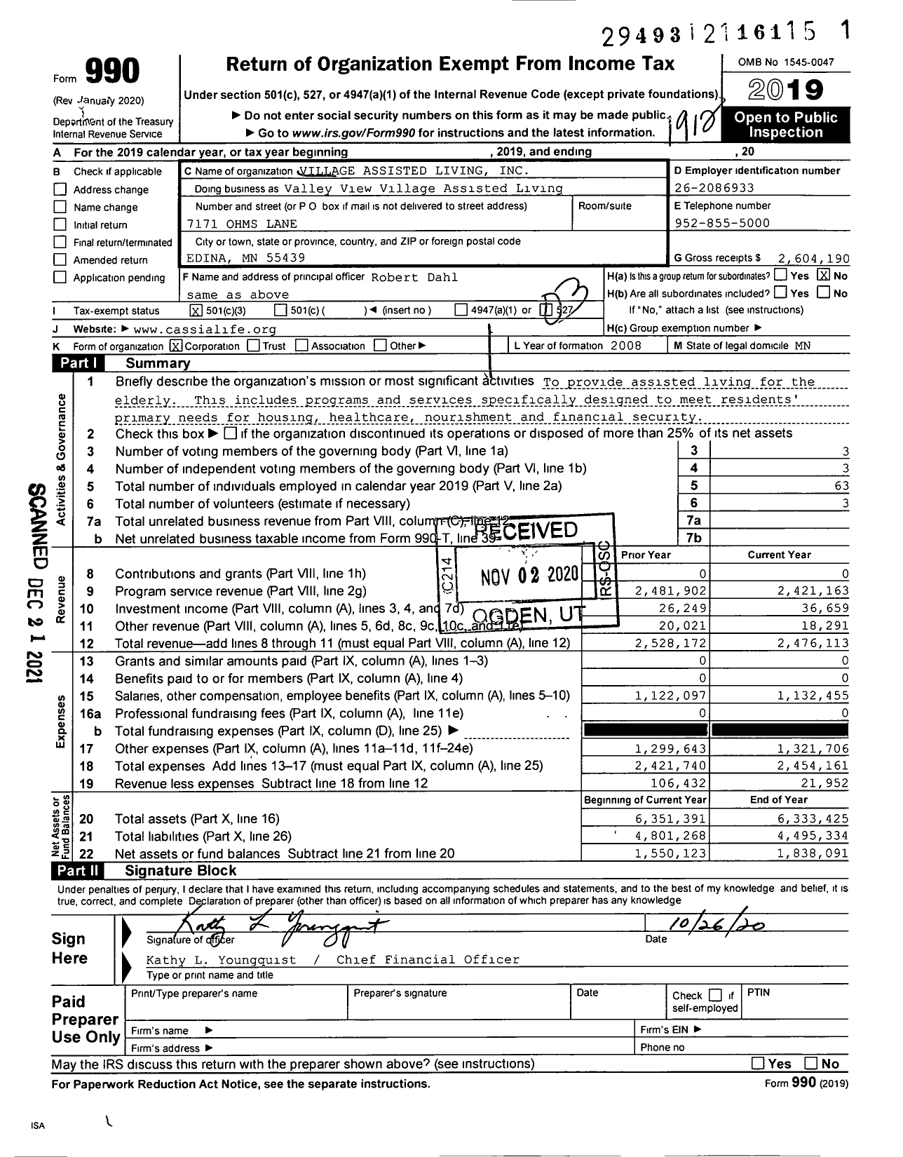 Image of first page of 2019 Form 990 for Valley View Village Assisted Living