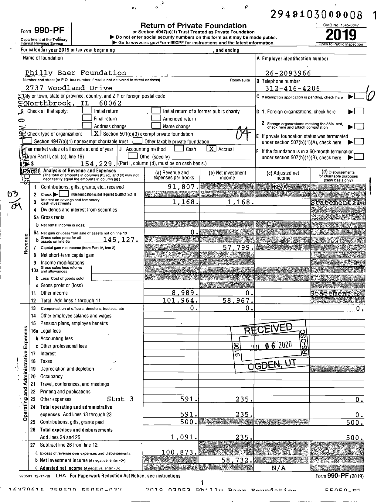 Image of first page of 2019 Form 990PF for Philly Baer Foundation