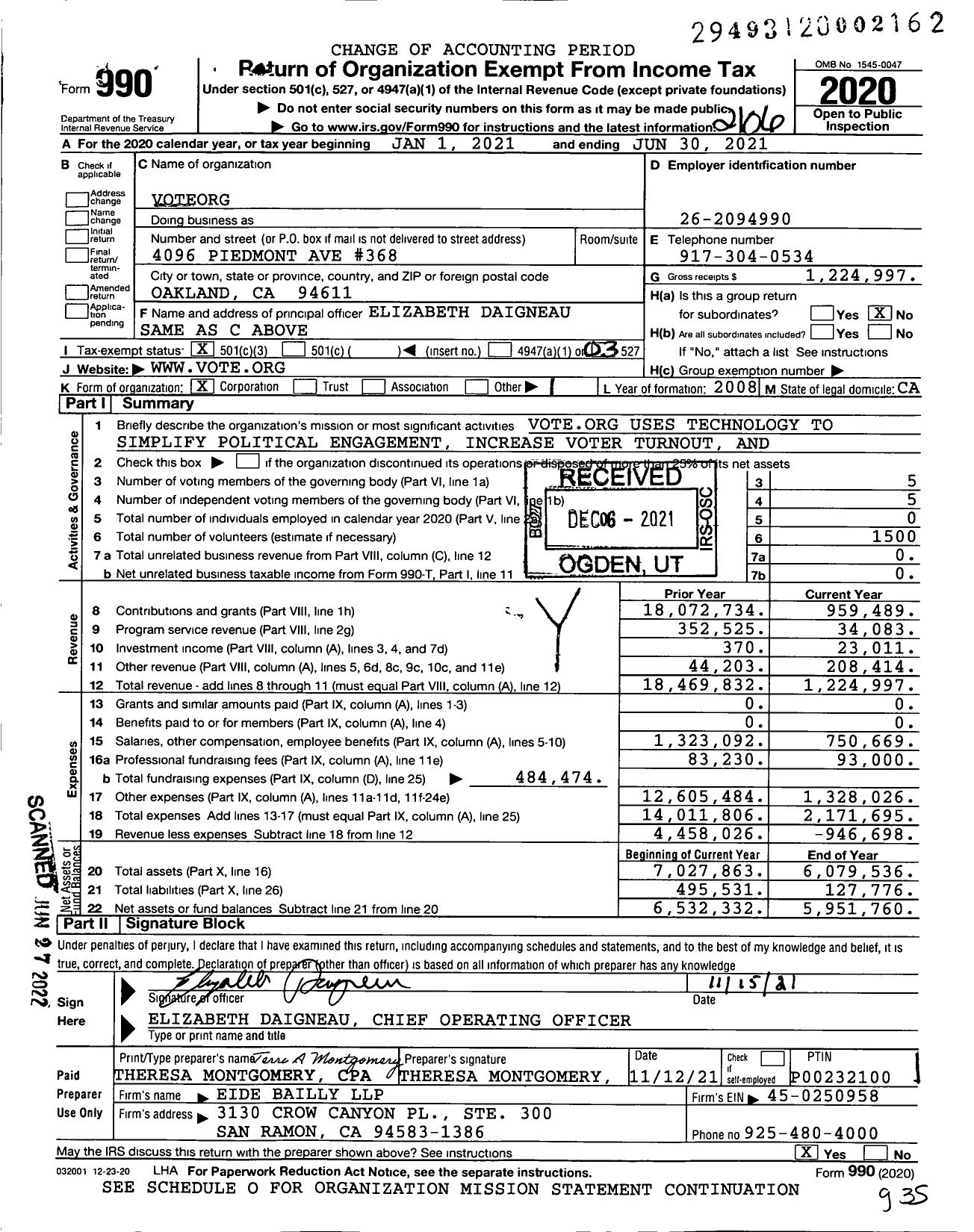 Image of first page of 2020 Form 990 for Voteorg
