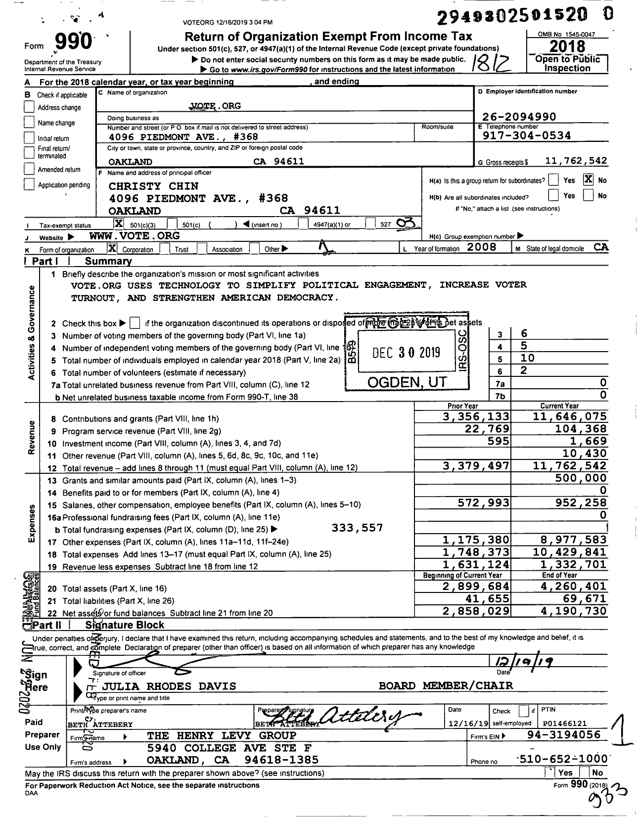 Image of first page of 2018 Form 990 for Voteorg
