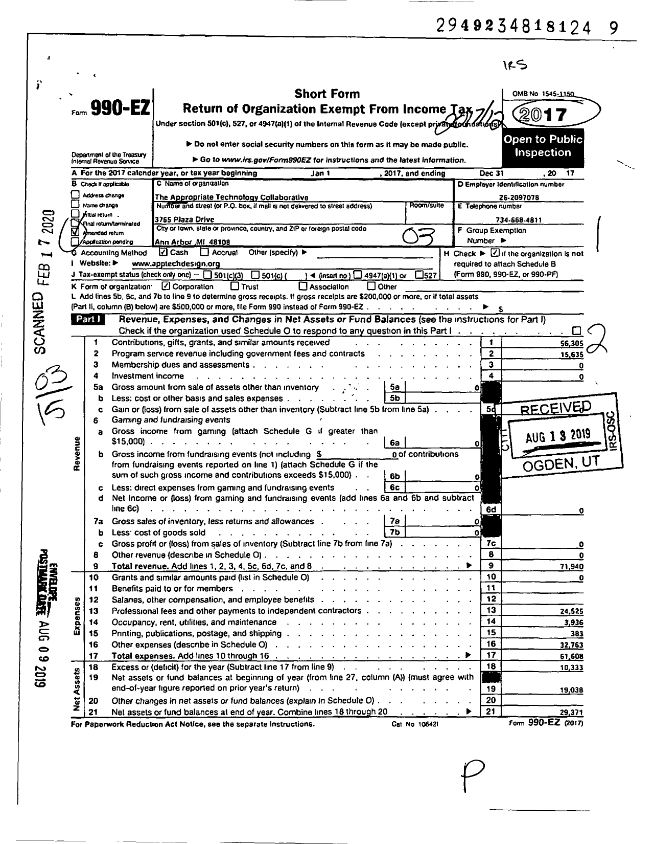 Image of first page of 2017 Form 990EZ for Appropriate Technology Collaborative
