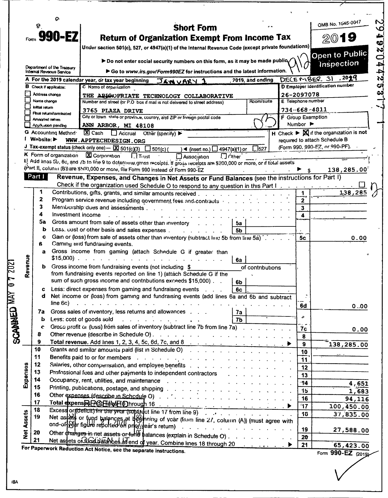 Image of first page of 2019 Form 990EZ for Appropriate Technology Collaborative