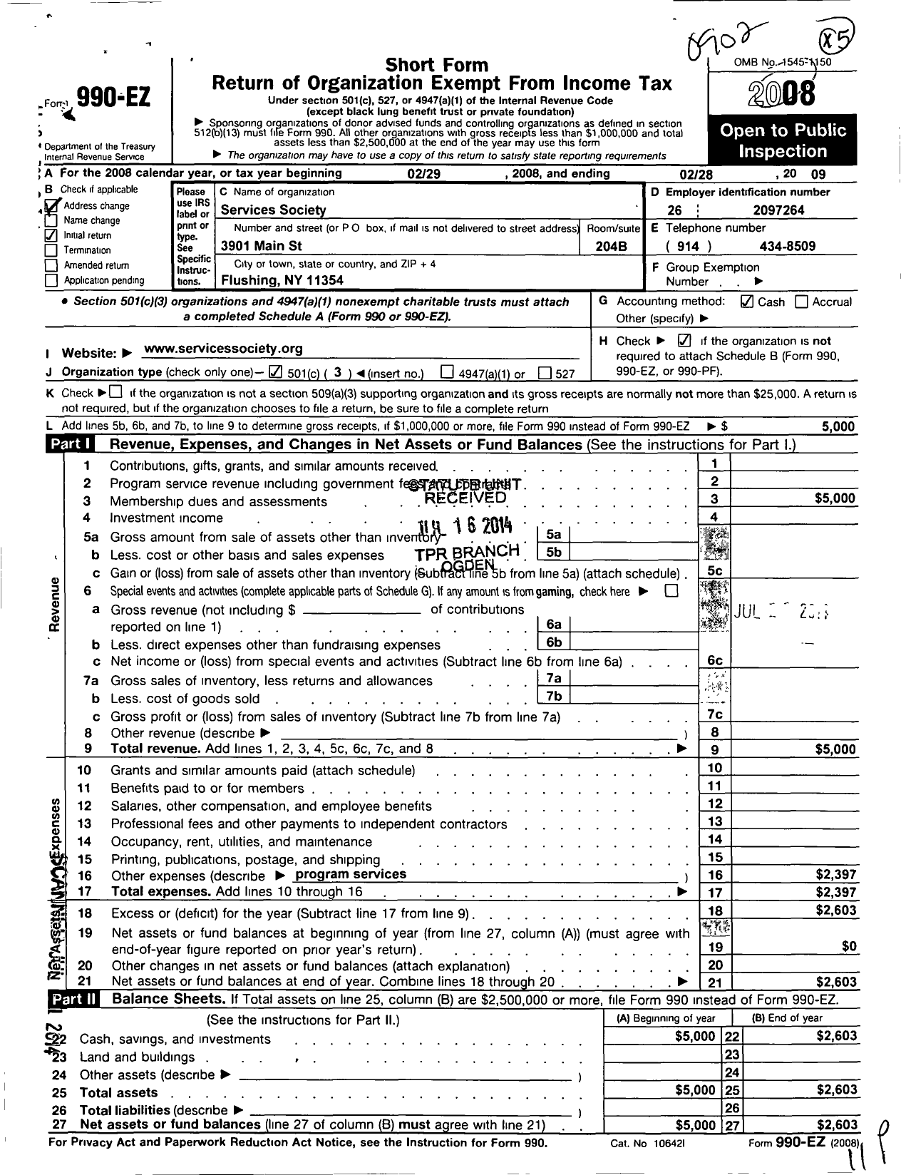 Image of first page of 2008 Form 990EZ for Services Society