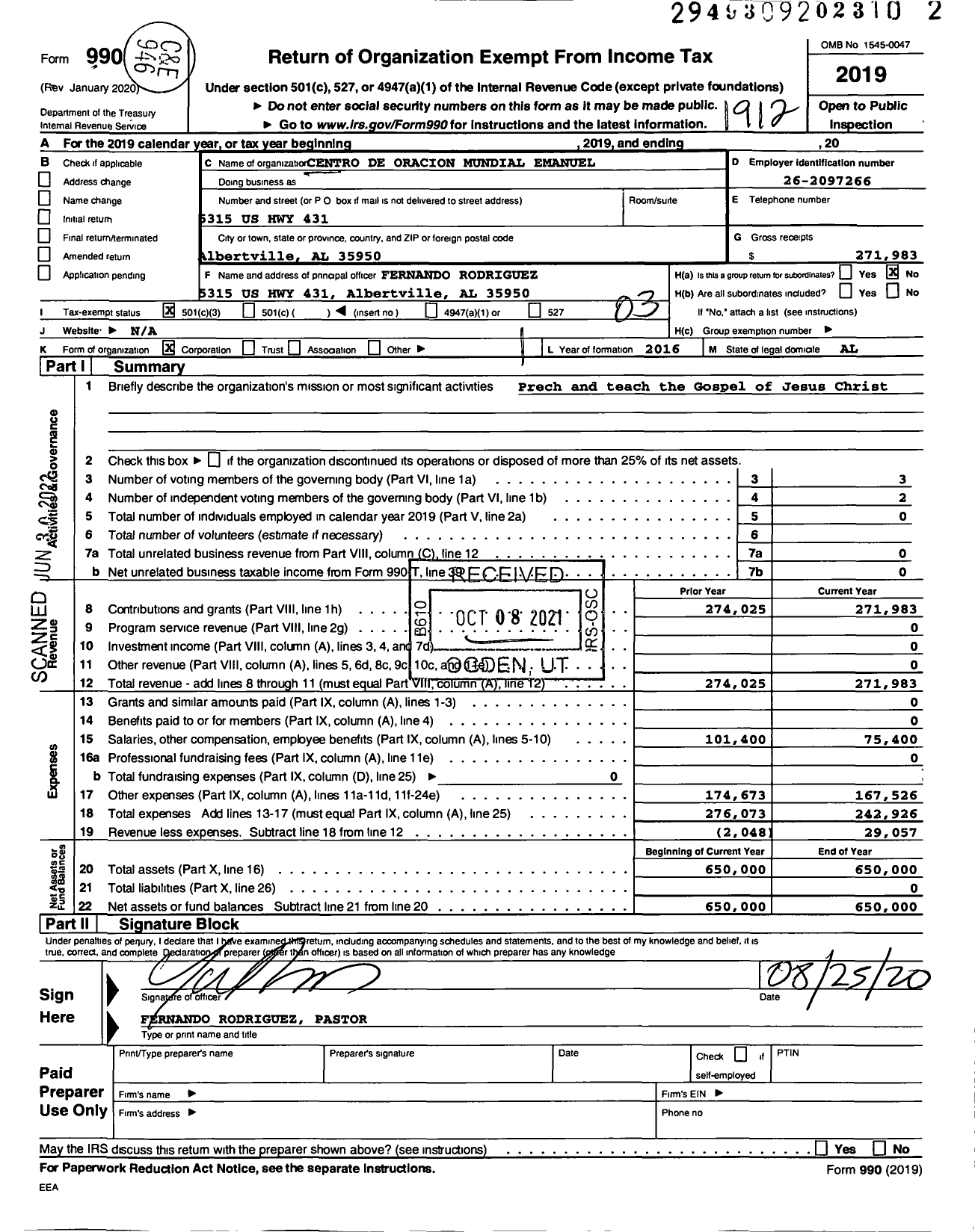 Image of first page of 2019 Form 990 for Centro de Oracion Mundial Emanuel