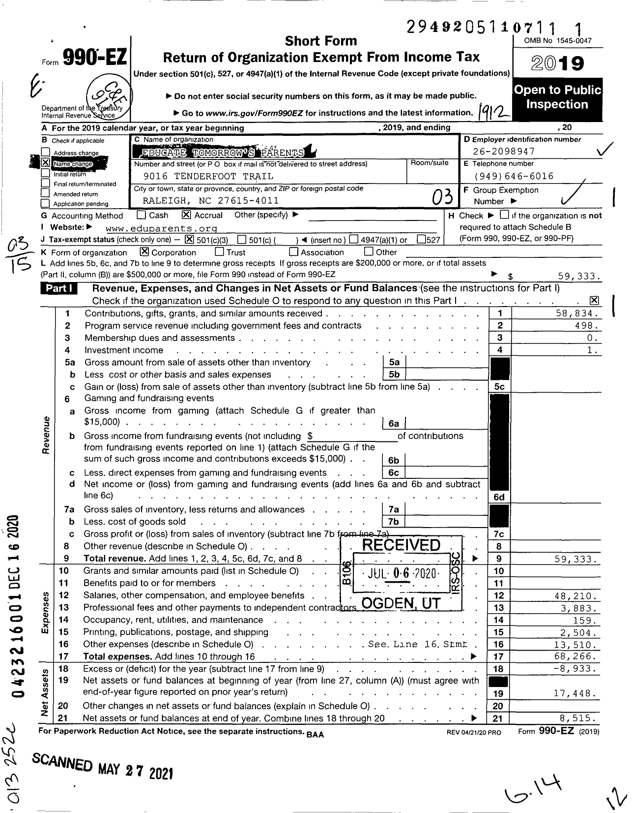 Image of first page of 2019 Form 990EZ for Educate Tomorrow's Parents