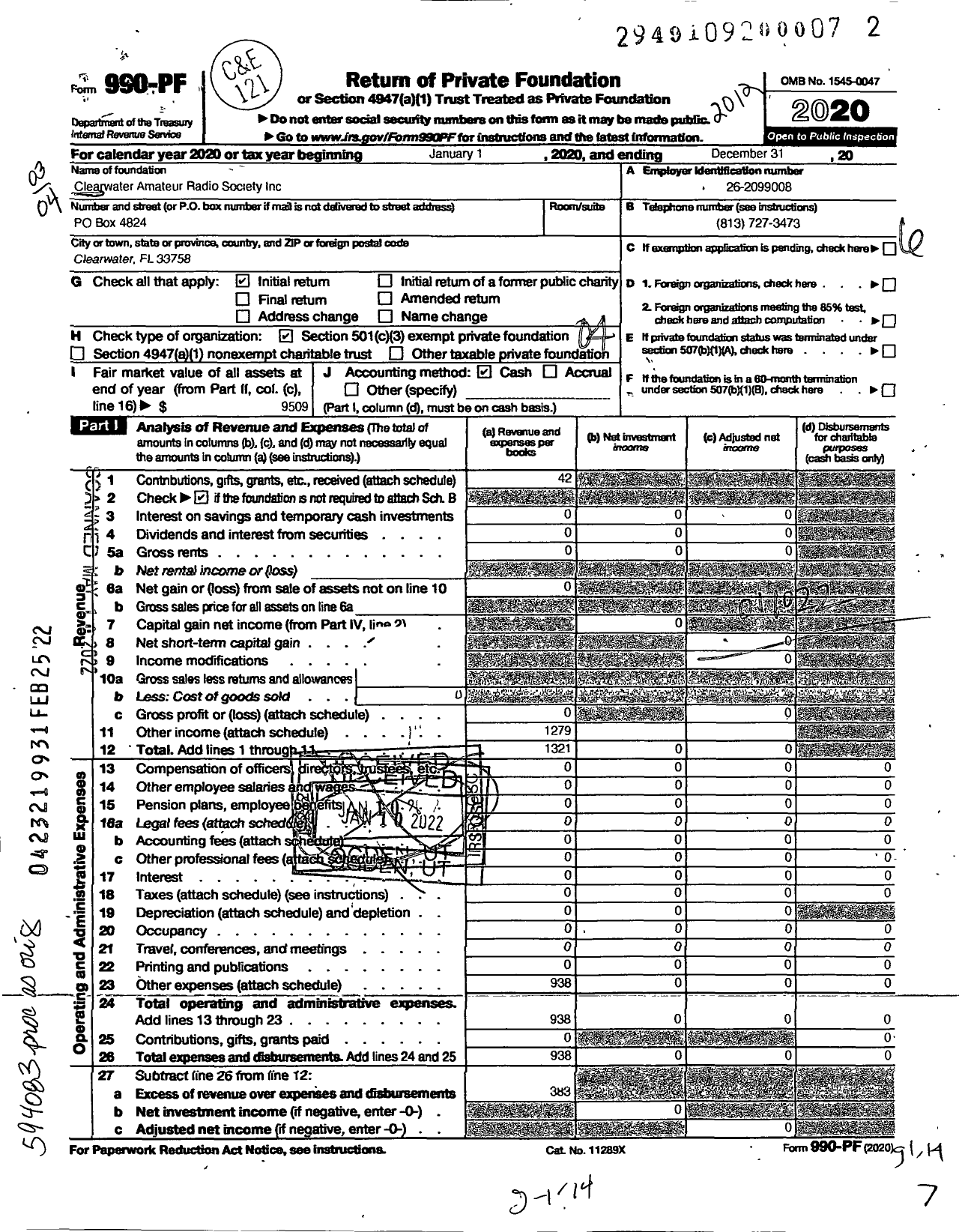 Image of first page of 2020 Form 990PF for Clearwater Amateur Radio Society