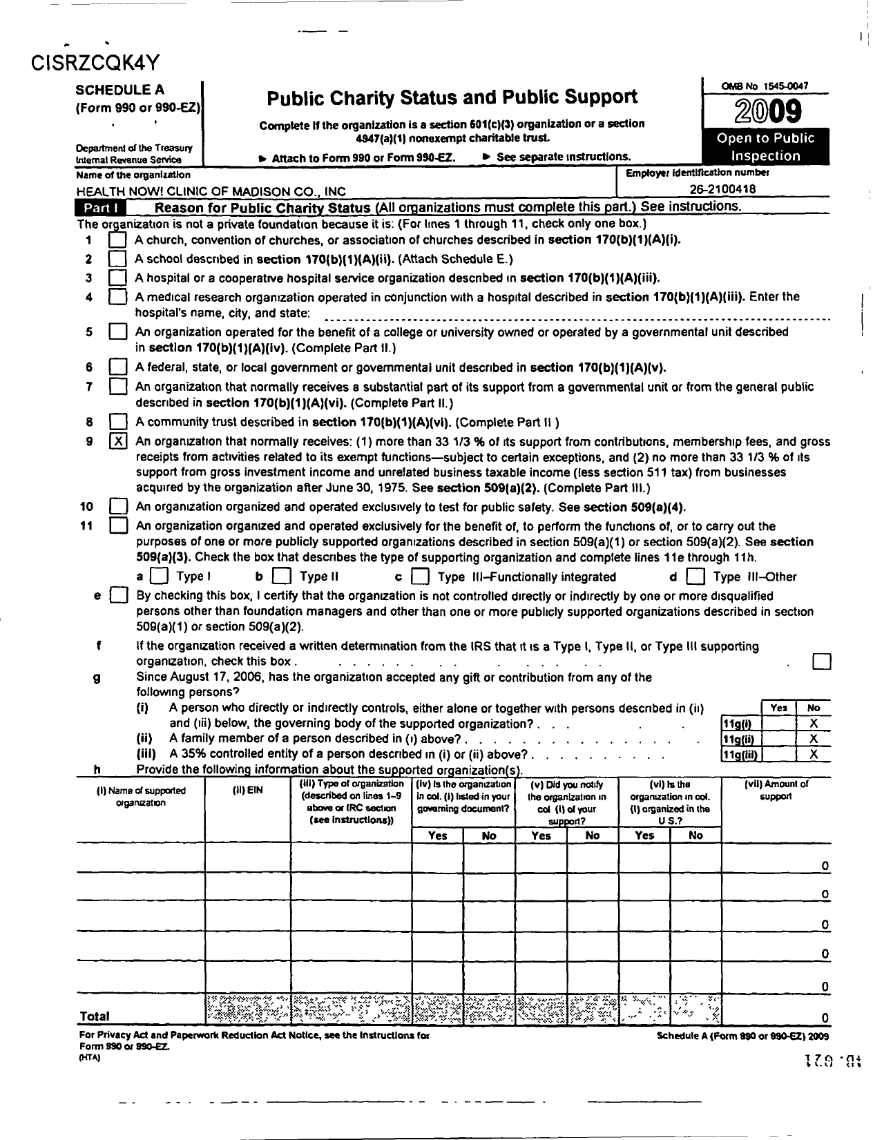 Image of first page of 2009 Form 990ER for Health Now Clinic of Madison County