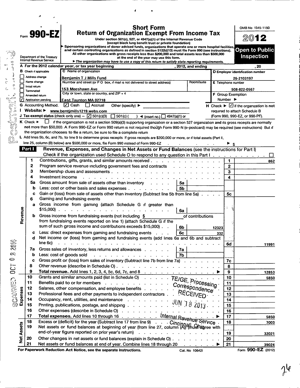 Image of first page of 2012 Form 990EZ for Benjamin T J Mills Scholarship Fund