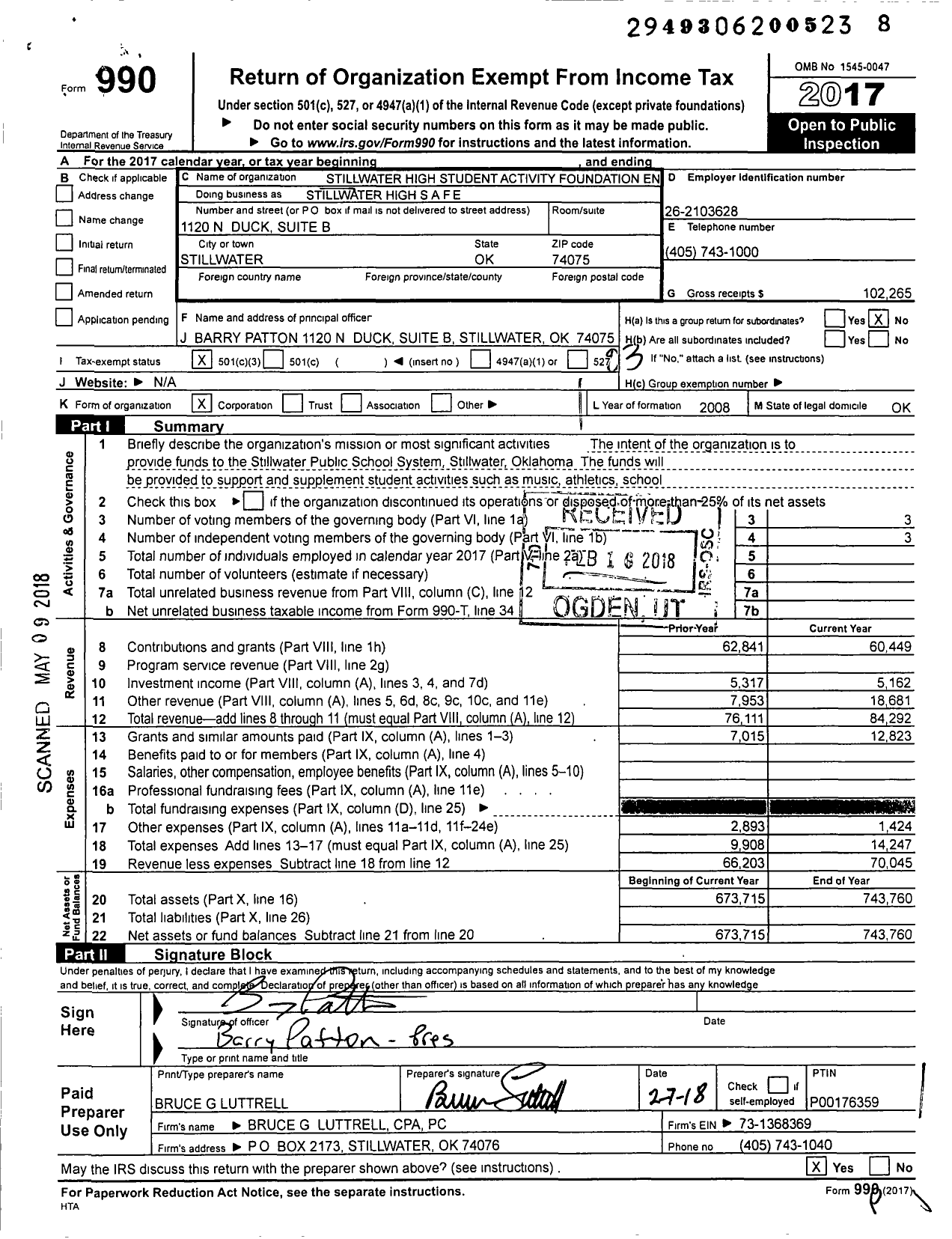 Image of first page of 2017 Form 990 for Stillwater High Safe