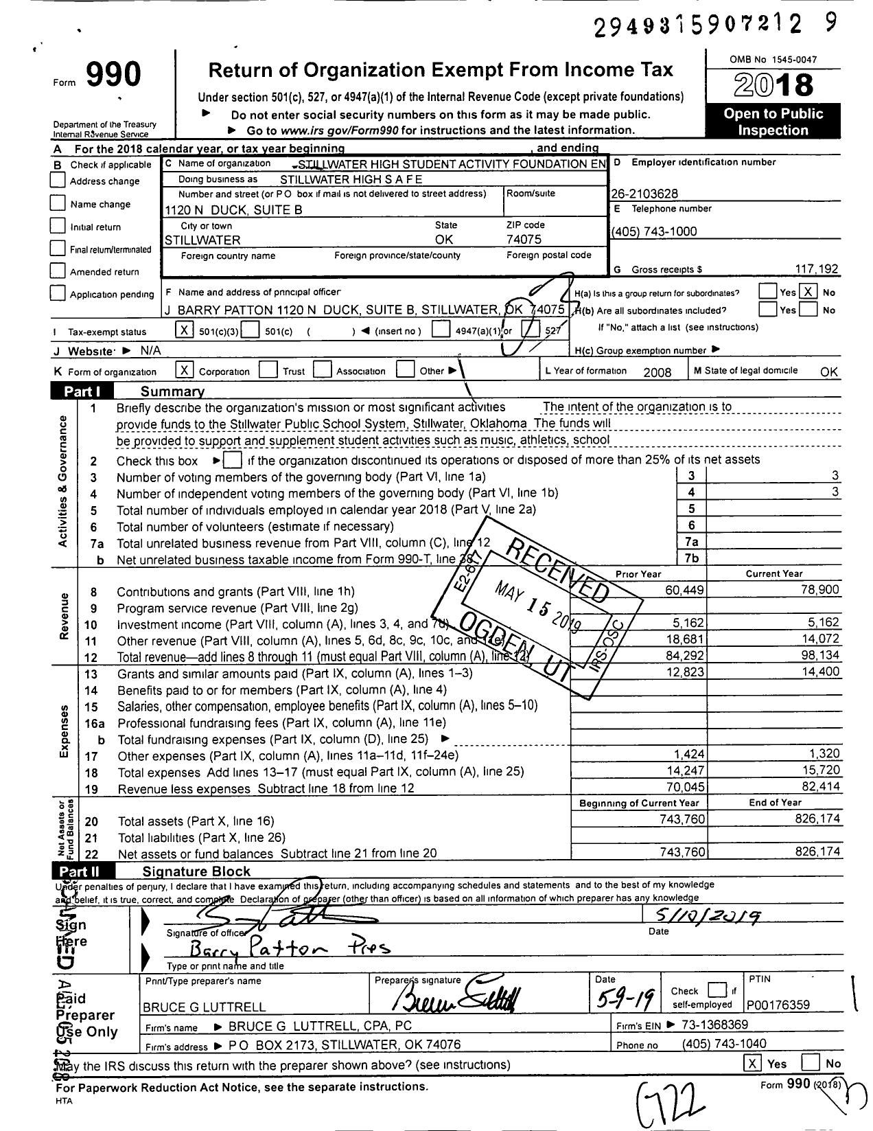 Image of first page of 2018 Form 990 for Stillwater High Safe