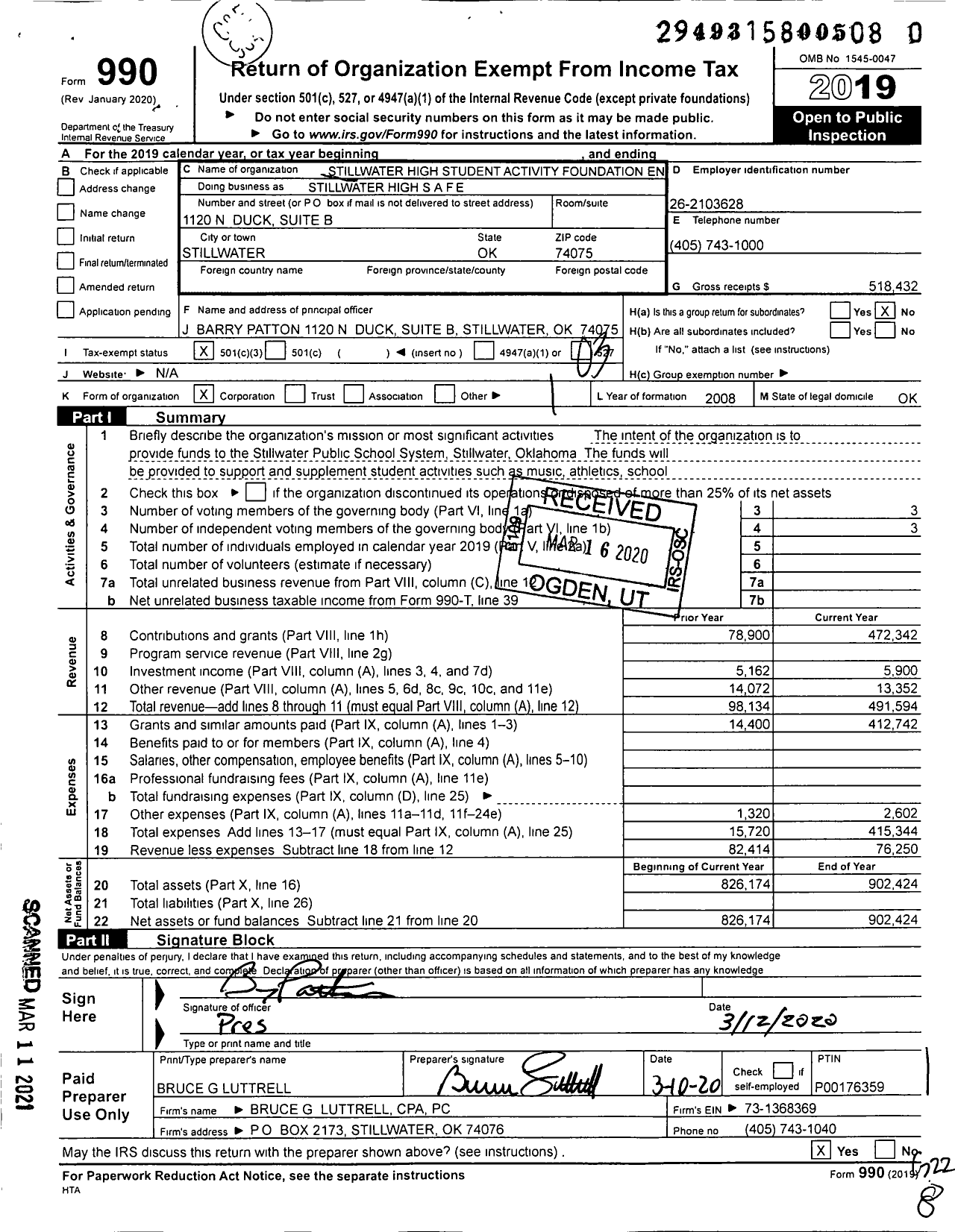 Image of first page of 2019 Form 990 for Stillwater High Safe