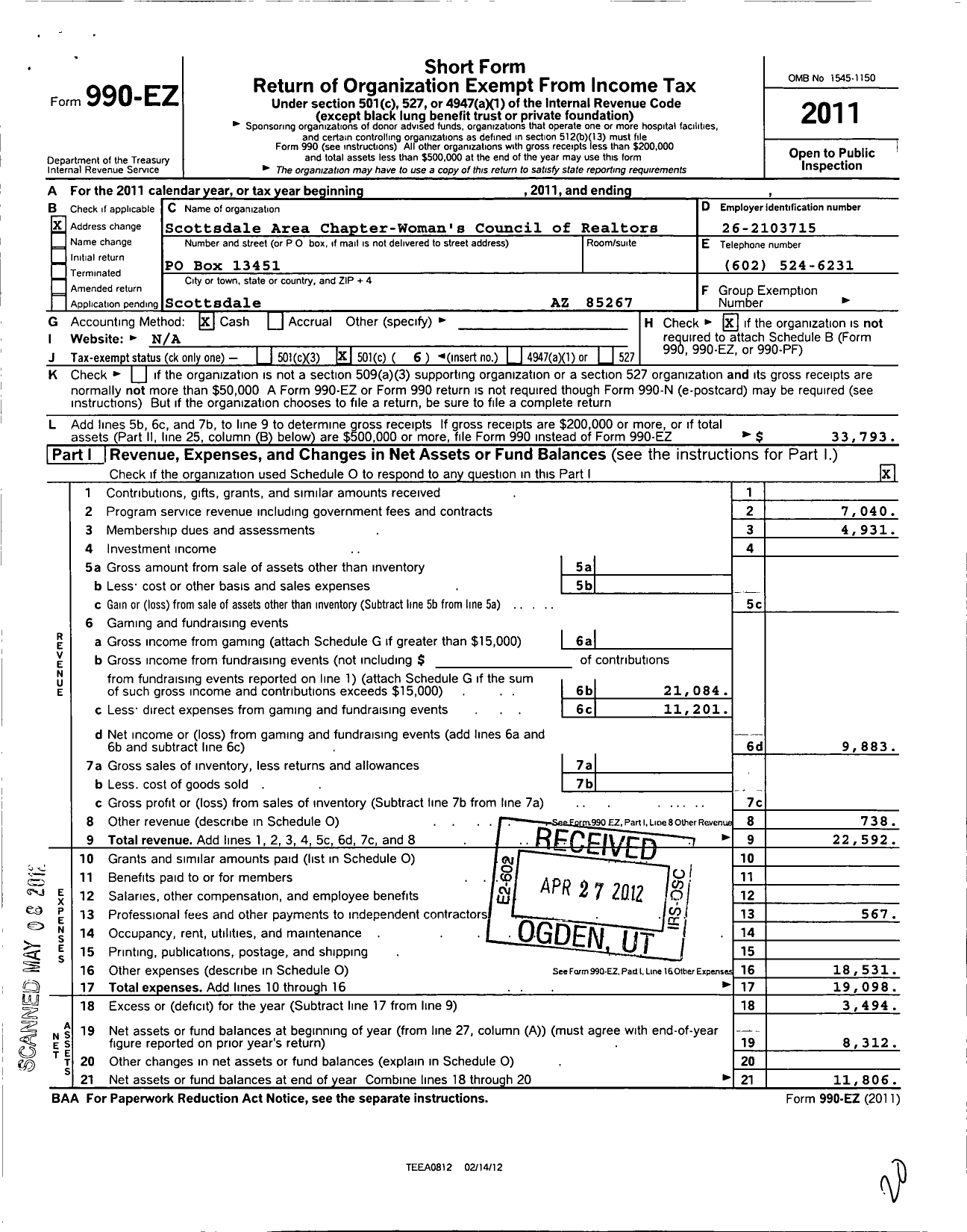 Image of first page of 2011 Form 990EO for Scottsdale Area Chapter WCR