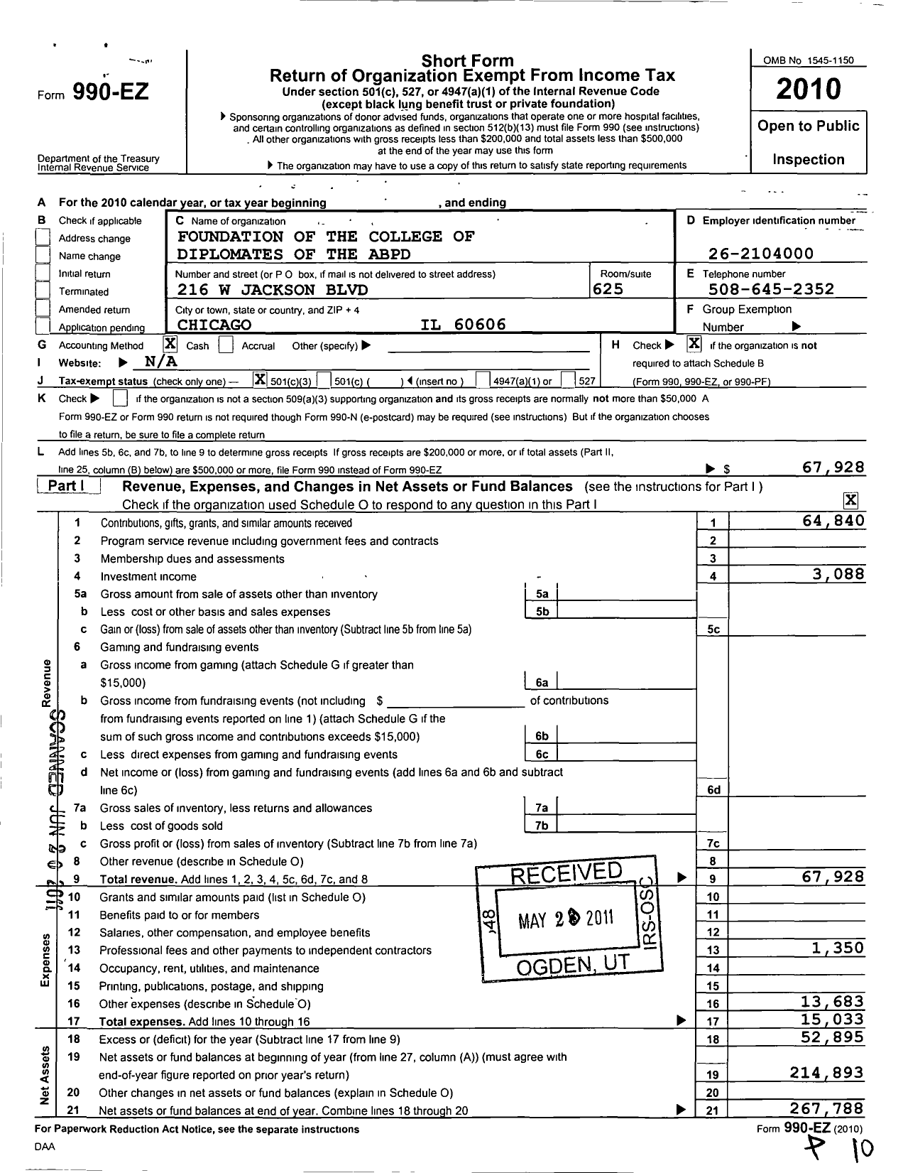 Image of first page of 2010 Form 990EZ for Foundation of the College of Diplomates of the Abpd