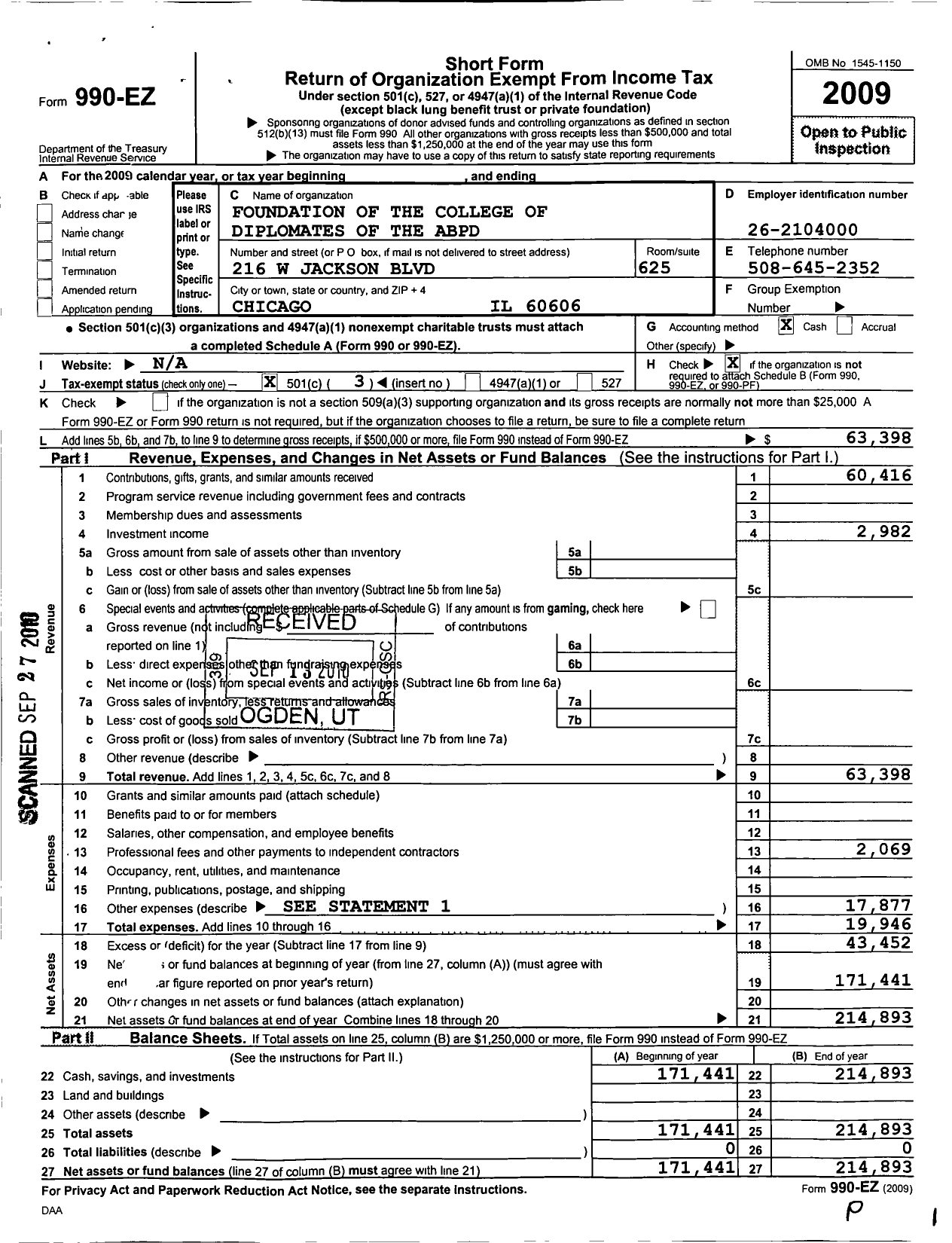 Image of first page of 2009 Form 990EZ for Foundation of the College of Diplomates of the Abpd