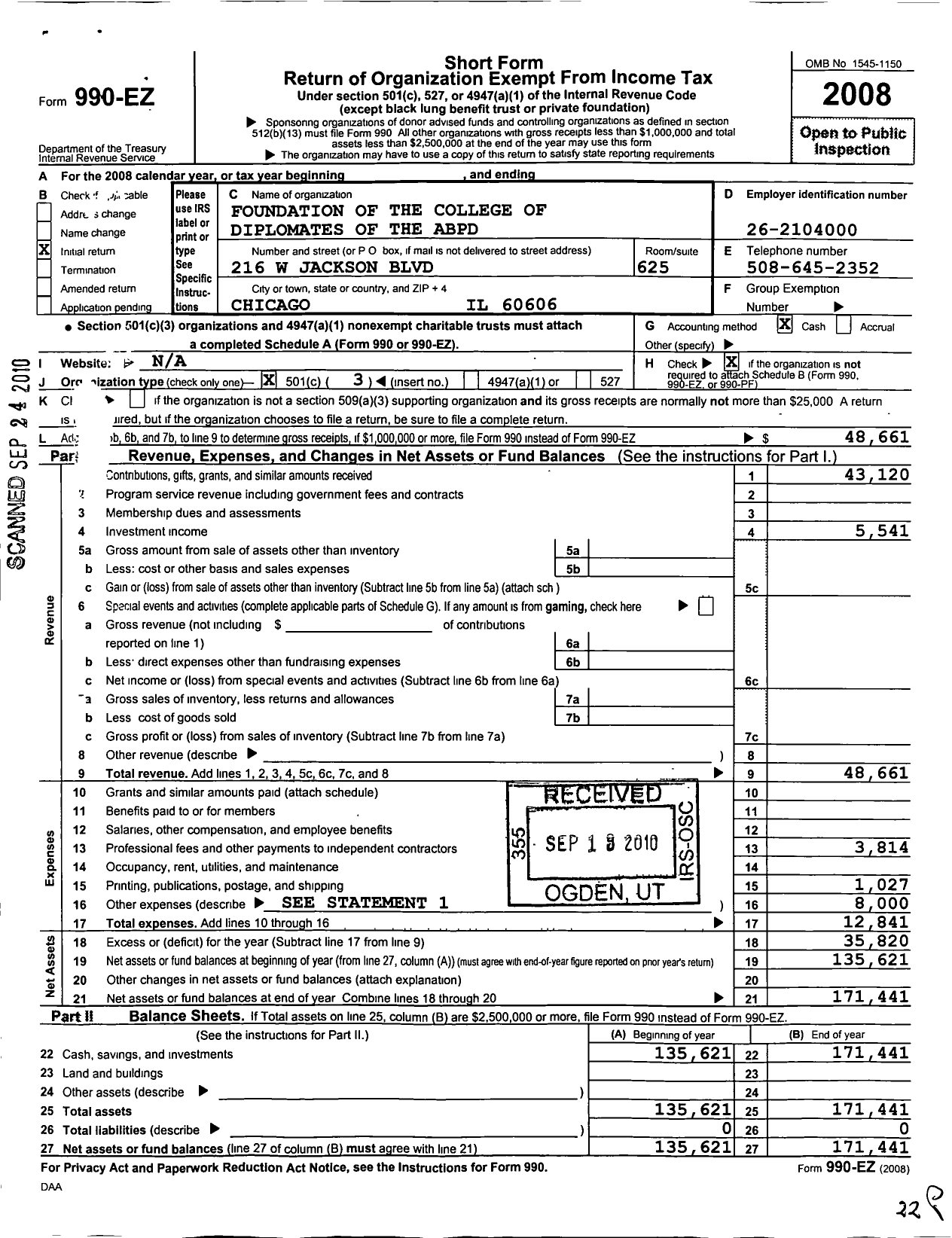 Image of first page of 2008 Form 990EZ for Foundation of the College of Diplomates of the Abpd